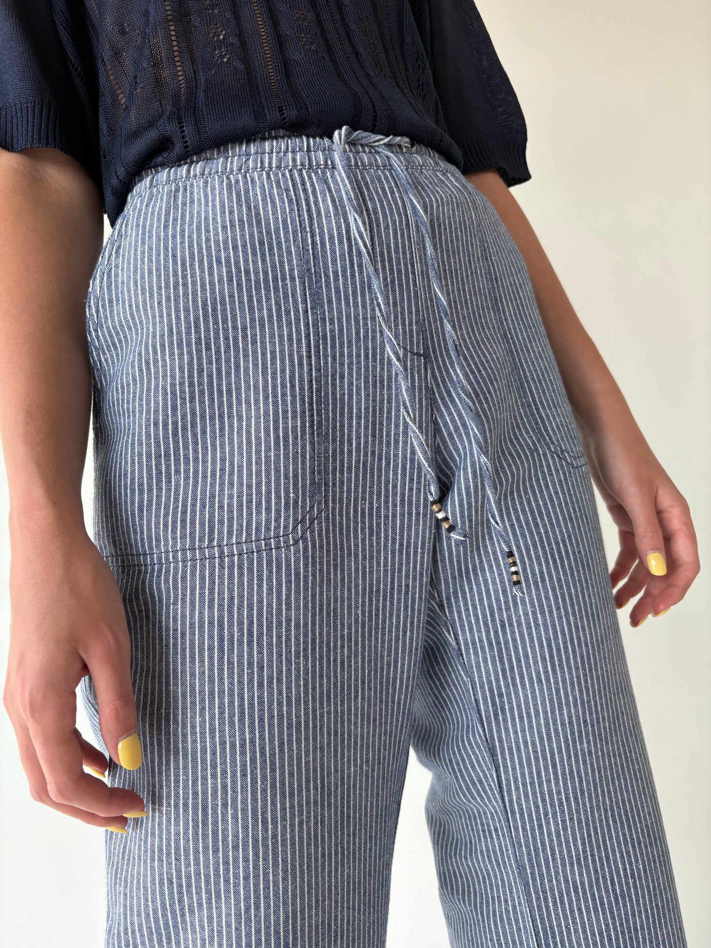 Pantaloni din in cu talie elastică use reglabilă jeans blue