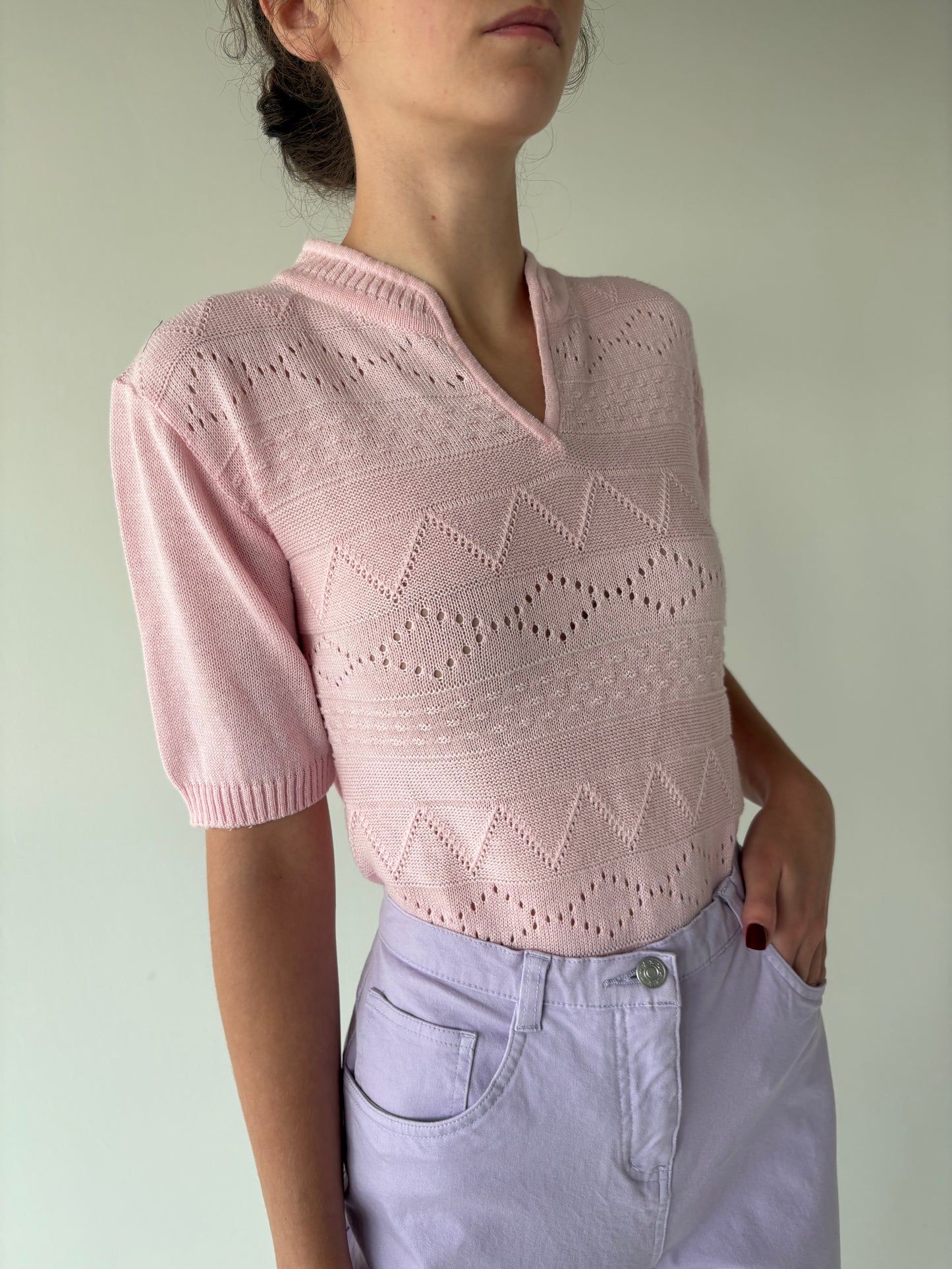 Top vintage dantelat powder pink din jerse