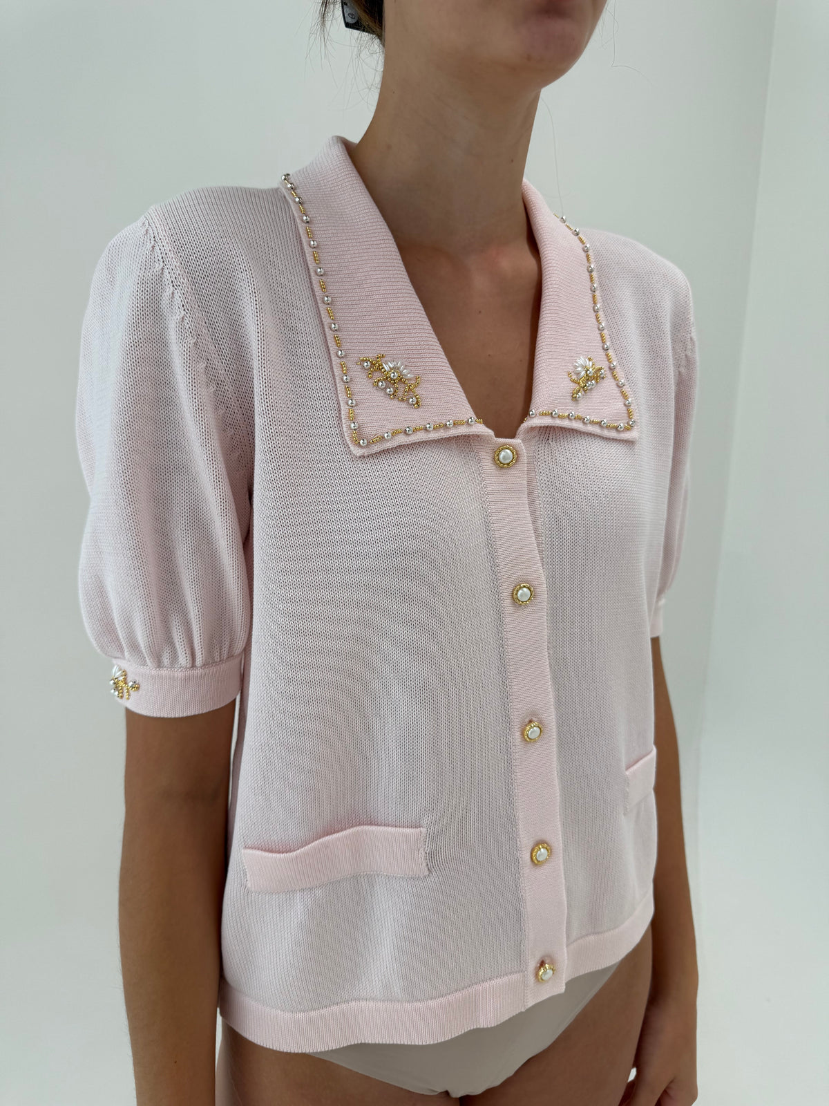 Top vintage polo din bumbac mercerizat powder Pink cu aplicații manuale