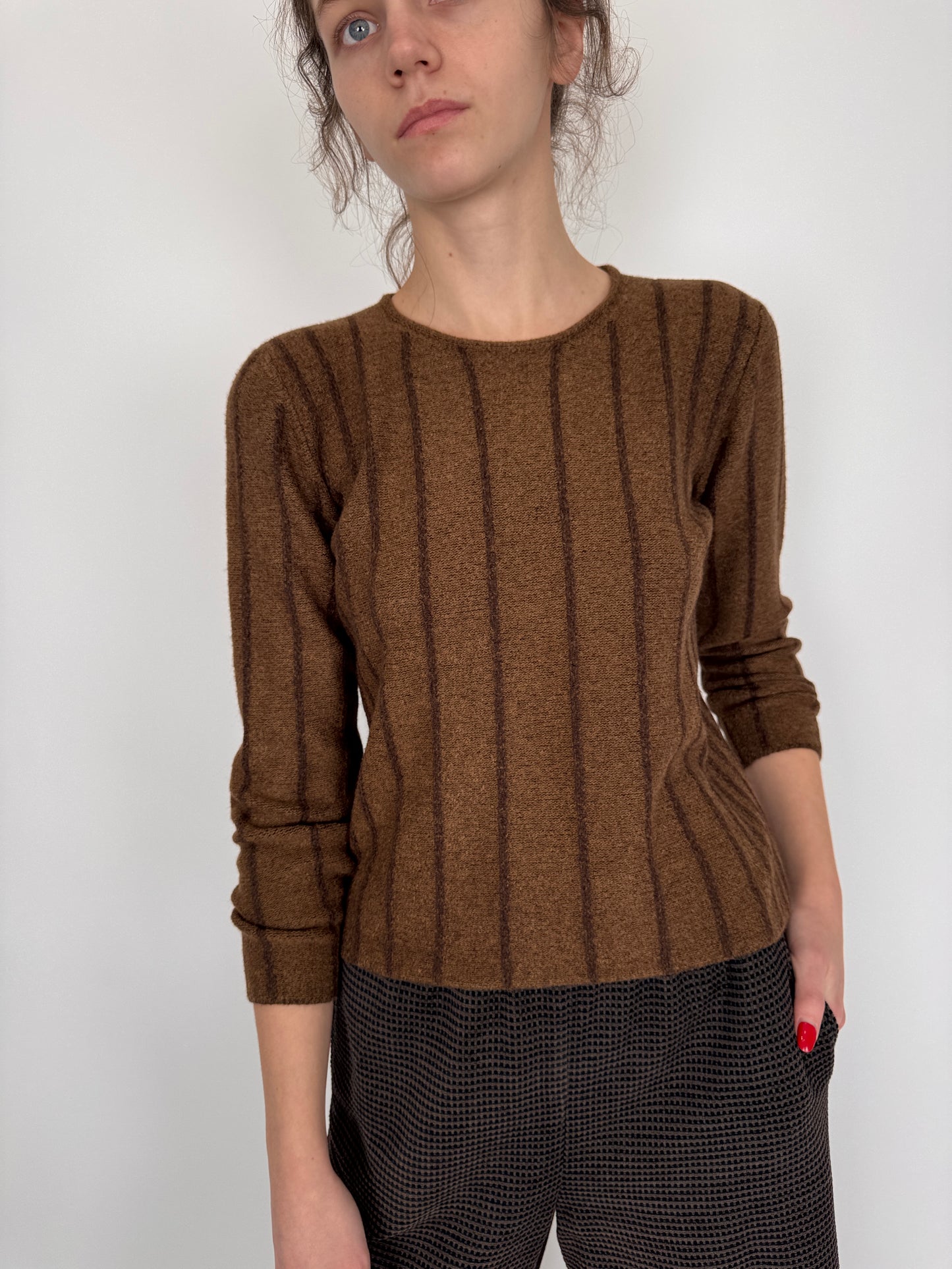 Pulover caramel italian cu dungi din mix de lana merino extrafina