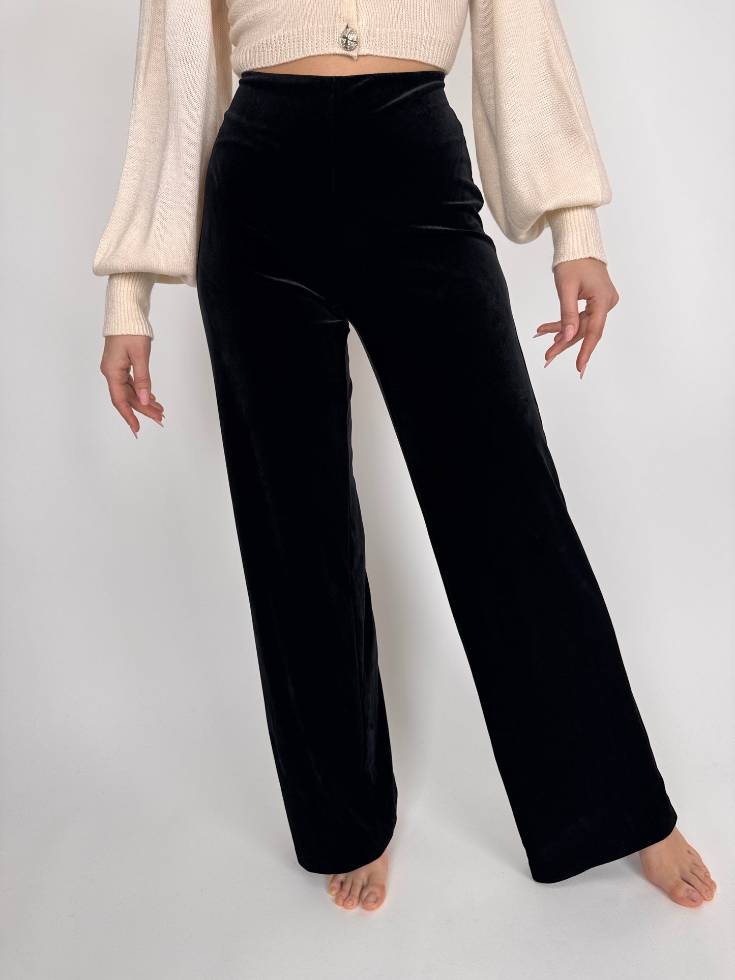 Pantaloni tall din catifea neagră de bumbac strech cu talie ultra înaltă