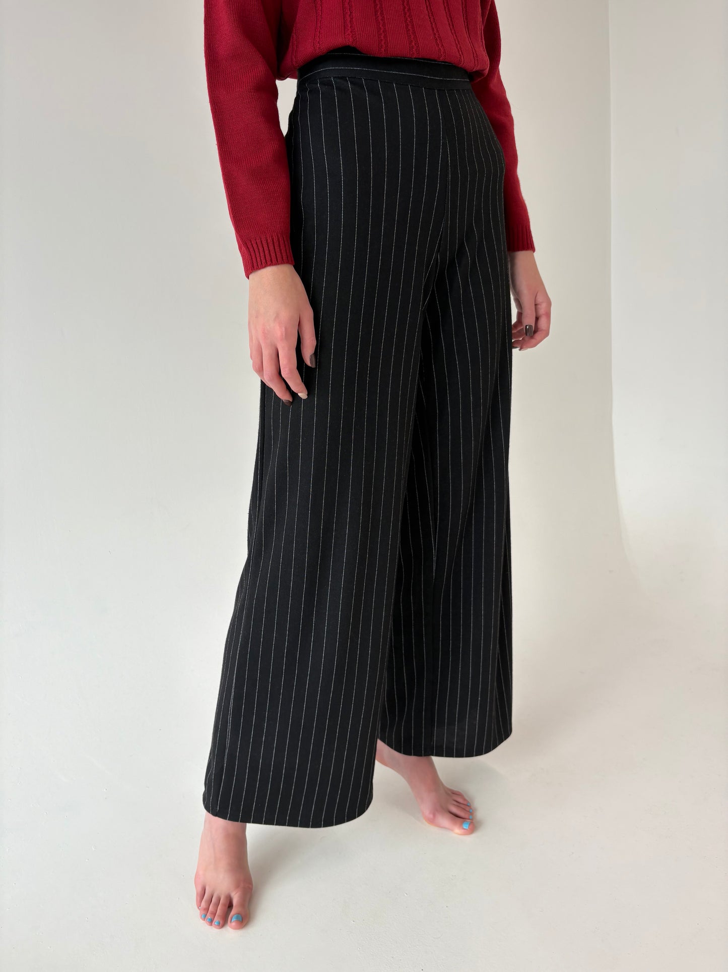 Pantaloni palazzo cu talie ultra înaltă și dungi fine verticale
