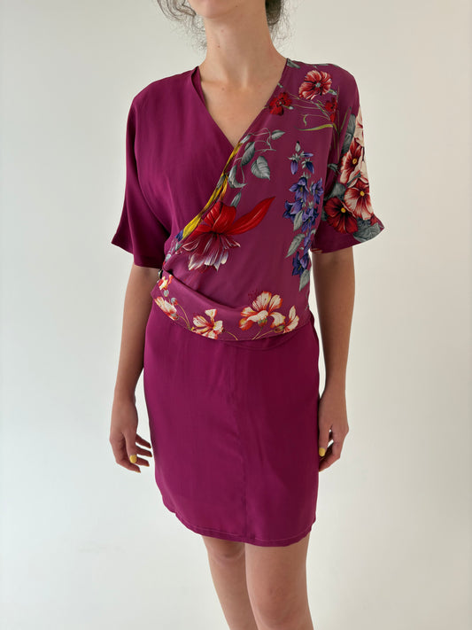 Rochie vintage din mătase naturală în nuanțe superbe cu bust petrecut