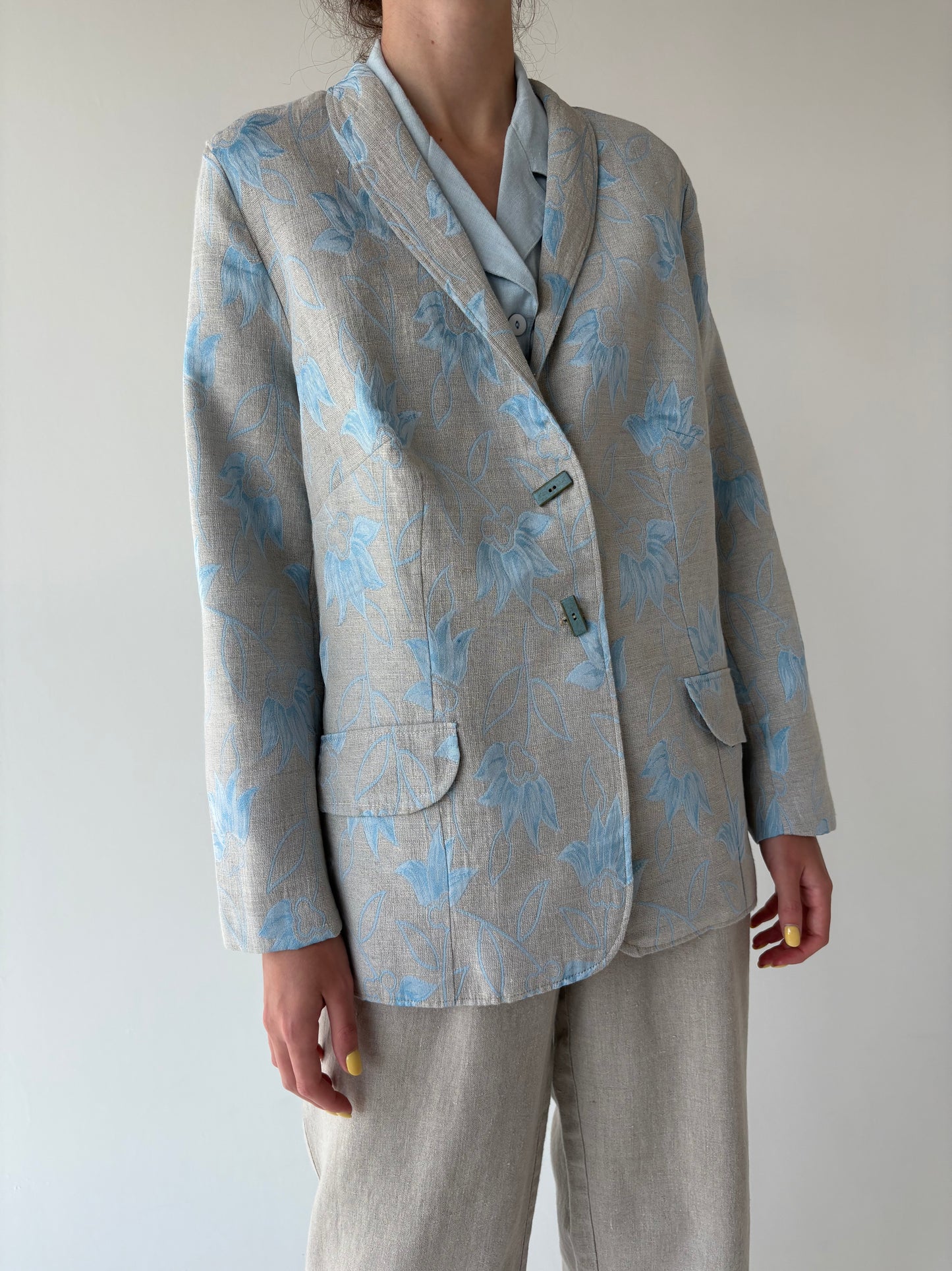 Sacou vintage din pânză excepțională de in cu print baby blue