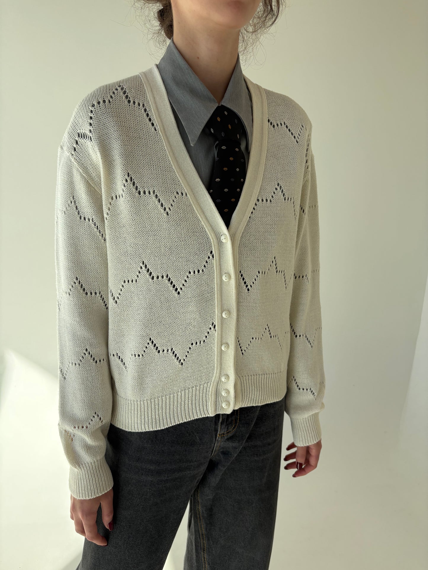 Cardigan vintage butter white din mix de lana extrafina