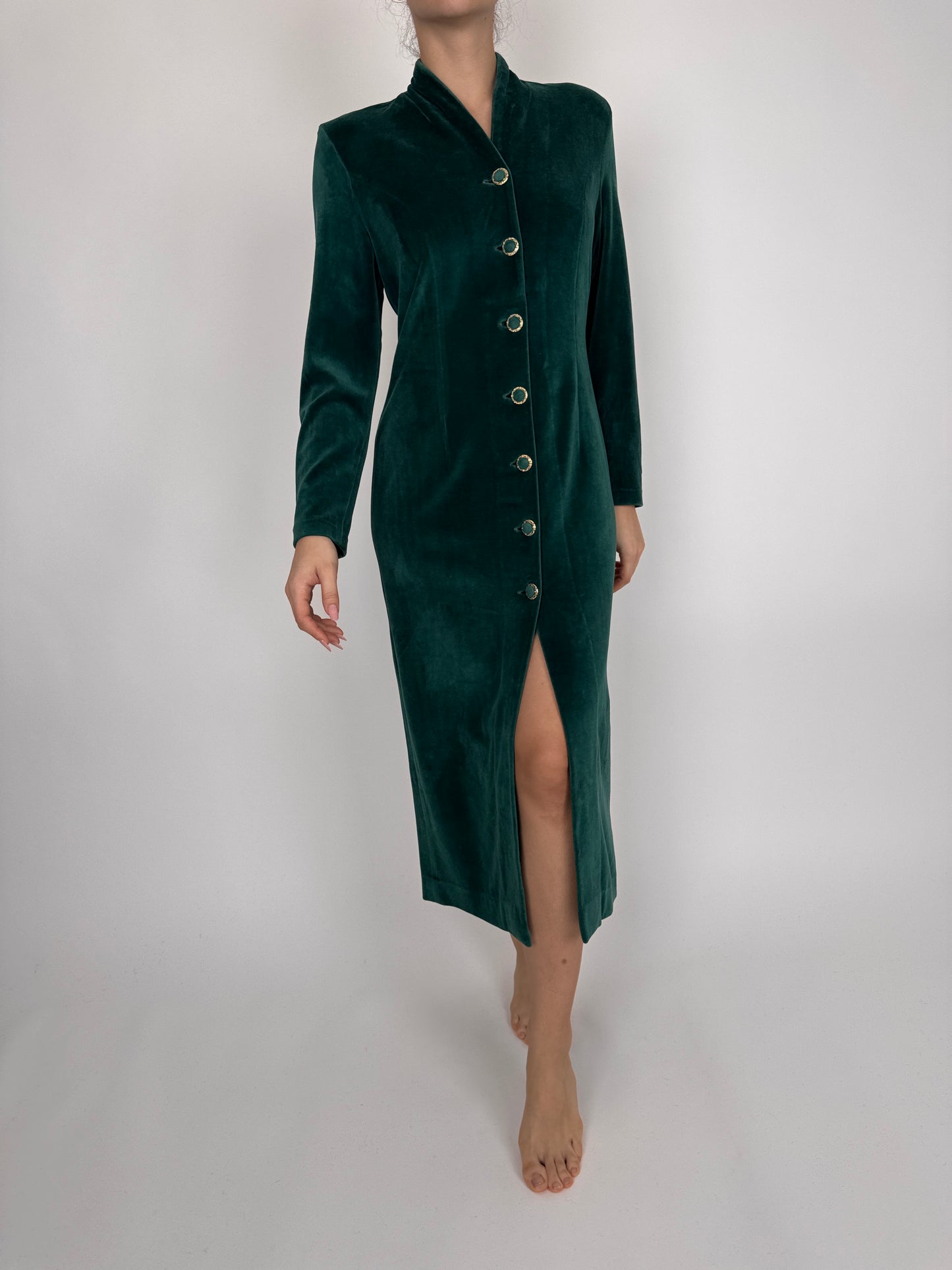 Rochie vintage din catifea strech de bumbac verde smarald