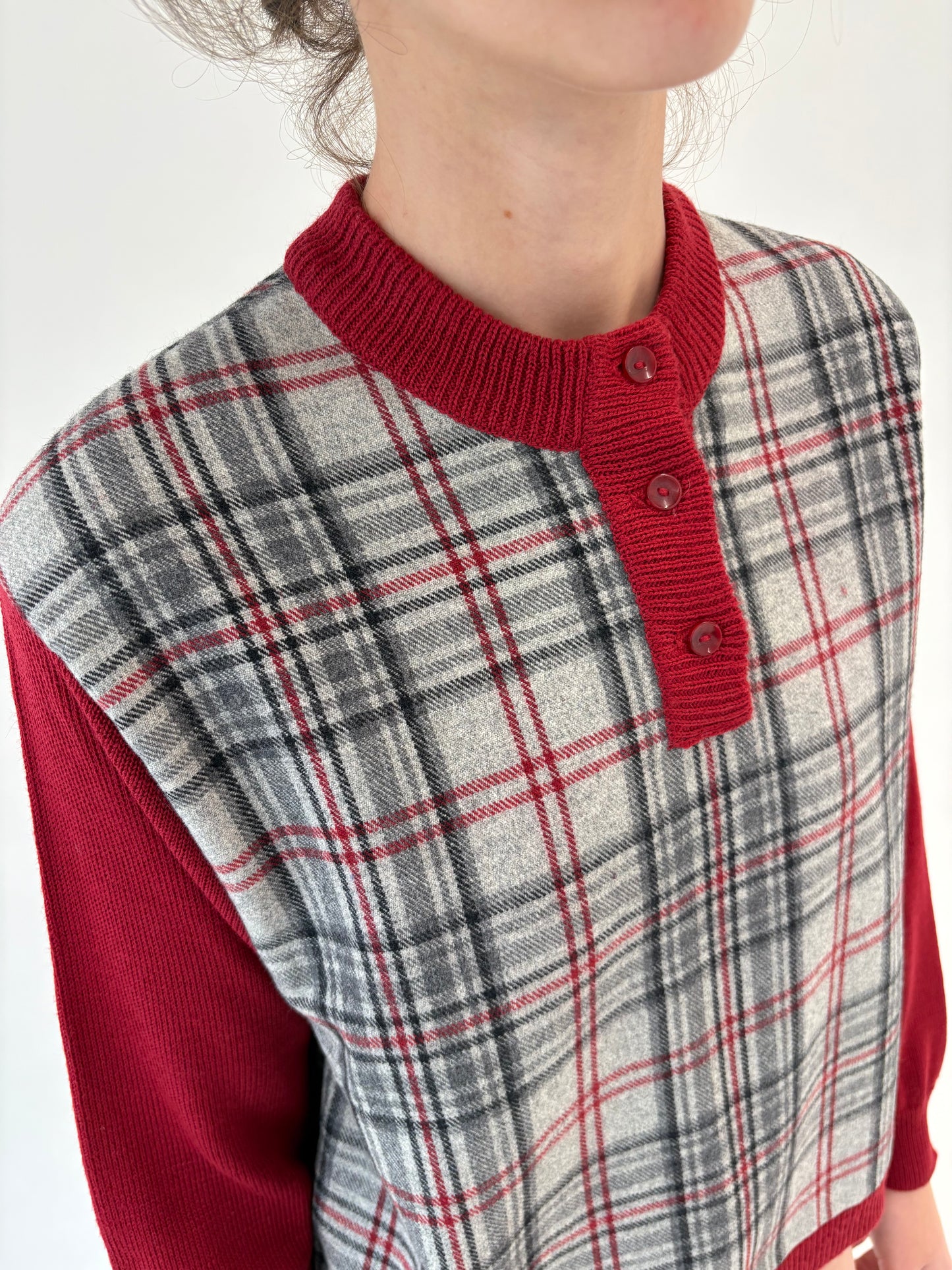 Bluză vintage din tricot și stofă de lana extrafina burgundy și gri