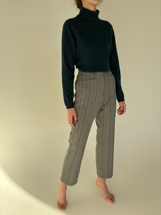 Pantaloni în carouri din lana extrafina strech confort cu talie înaltă mom fit