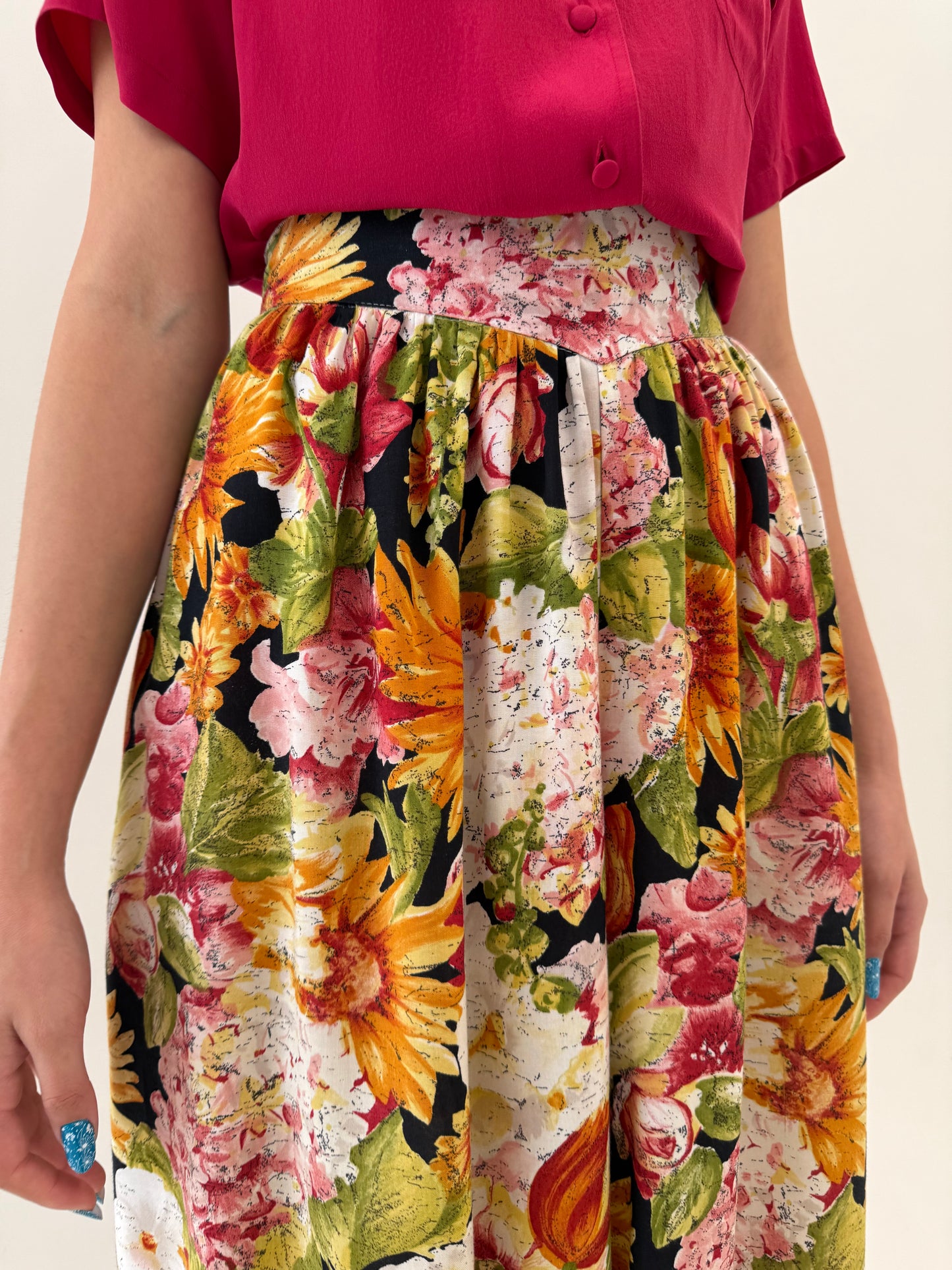 Fustă pantaloni super vaporoasă cu print floral superb și talie ultra înaltă elastică