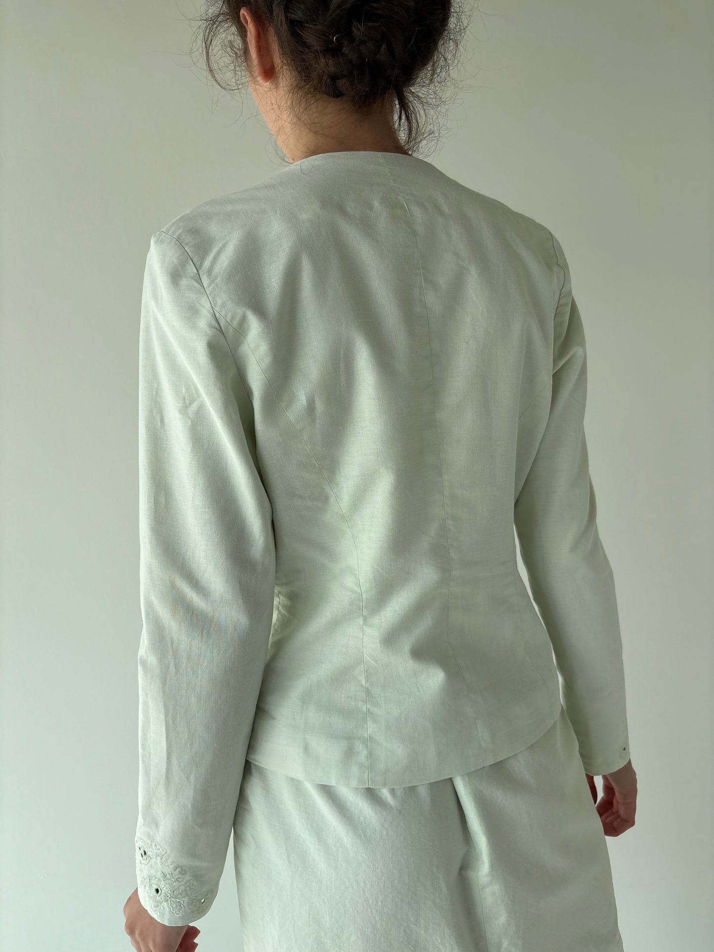 Set vintage luxury din pânză pistachio green cu broderie excepțională