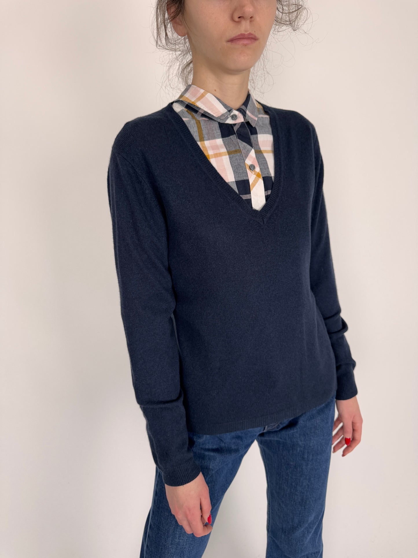 Pulover italian din mix de lana extrafina cu cașmir Navy blue