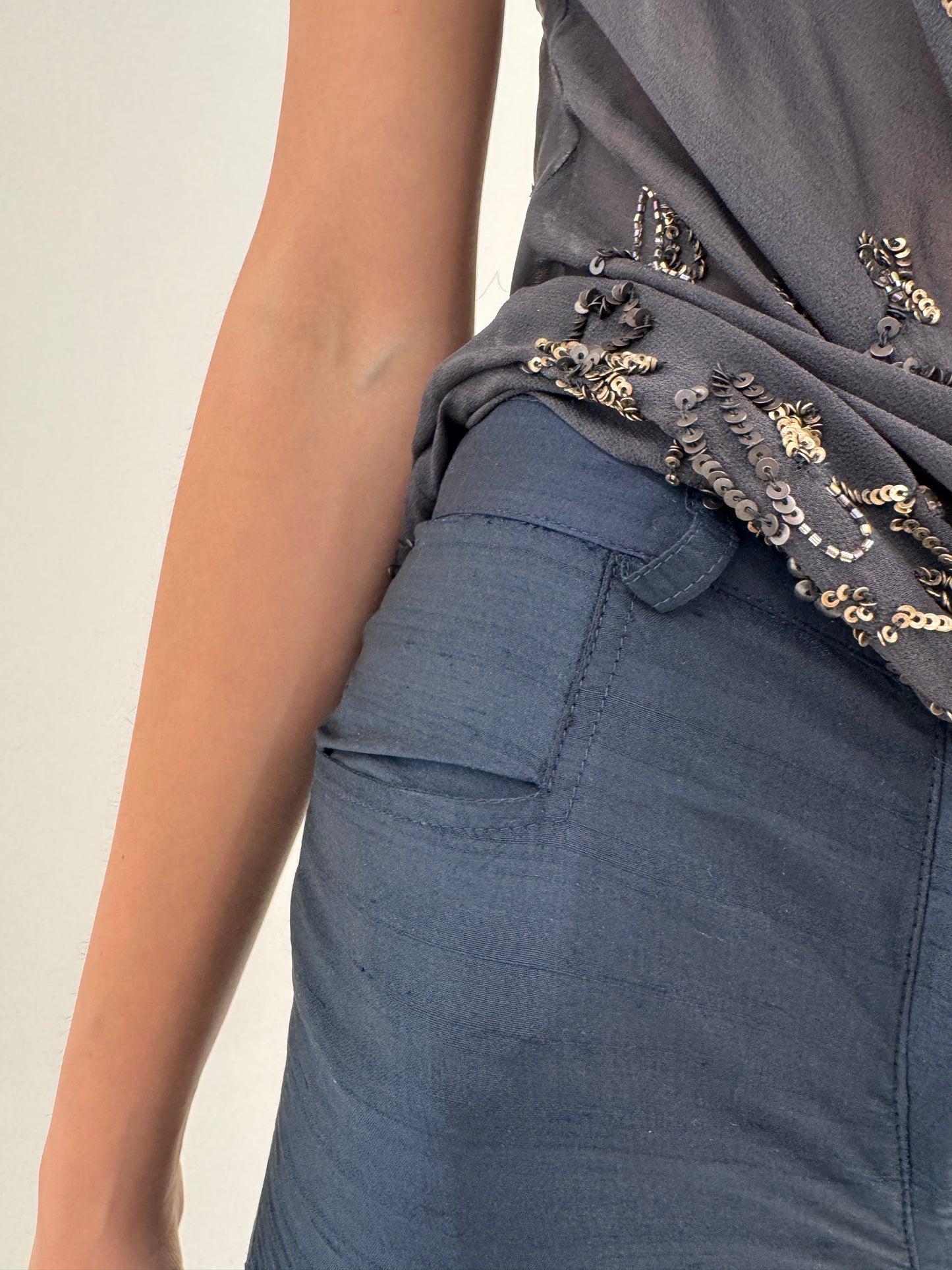 Pantaloni Navy blue din mătase naturală petite