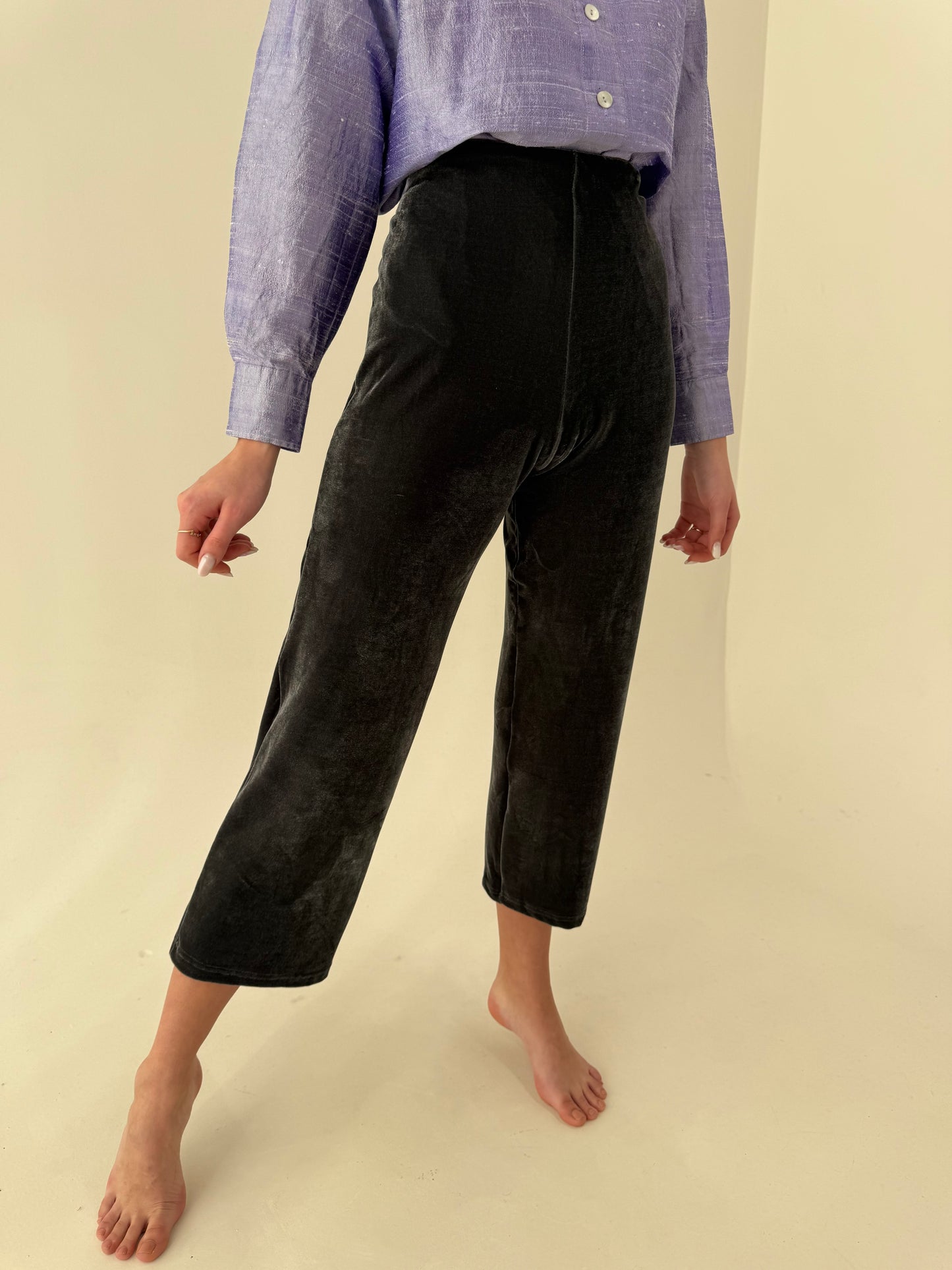 Pantaloni petite de catifea uitra confort cu talie ultra înaltă dark silver