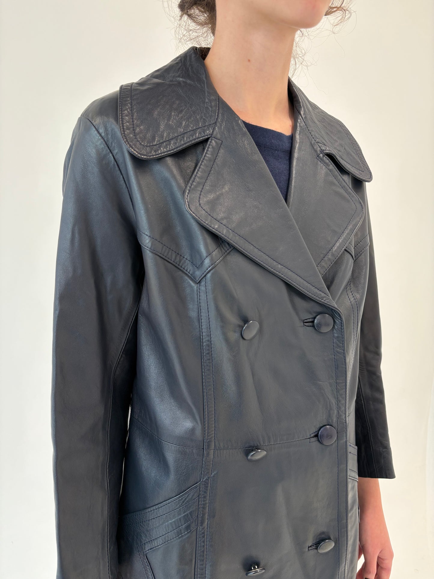 Trench vintage petite din piele naturală extrem de moale Navy blue