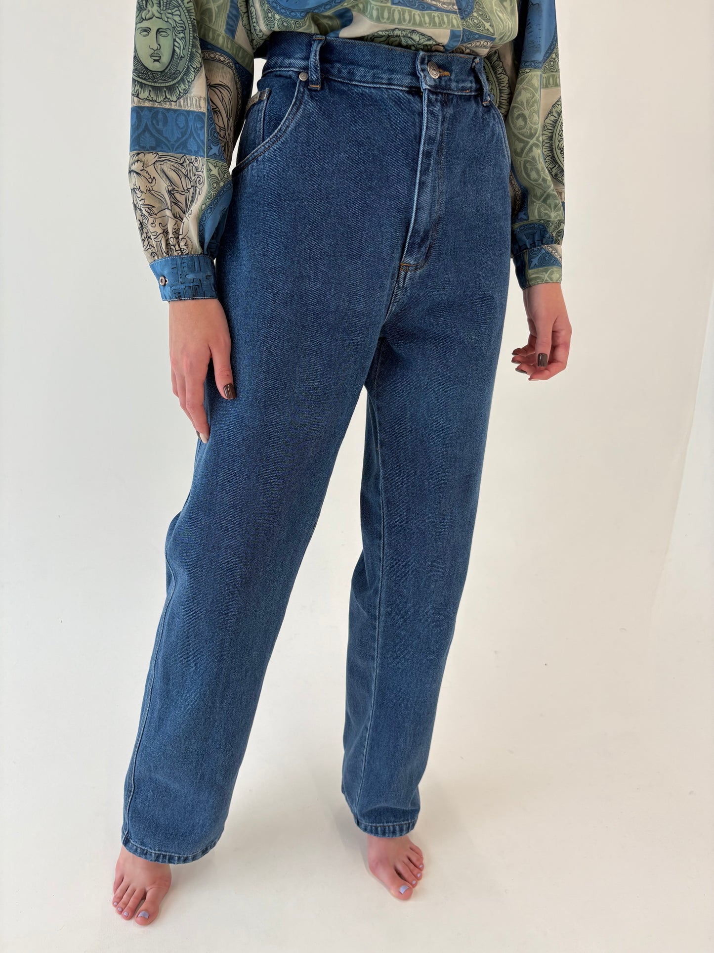 Jeans super tall vintage premium classic wash cu talie înaltă