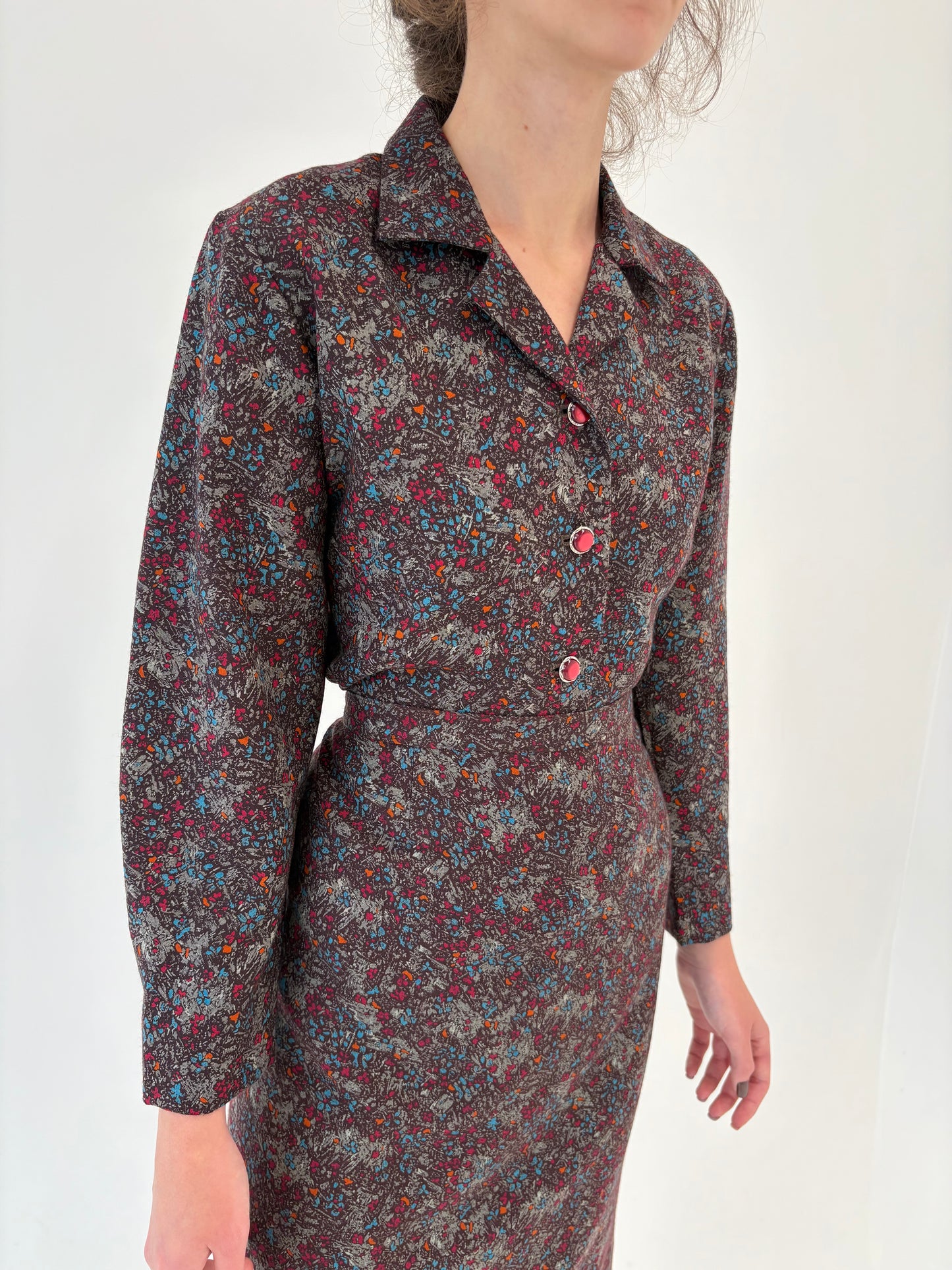 Deux piece vintage din lana extrafina cu print delicat în culori superbe