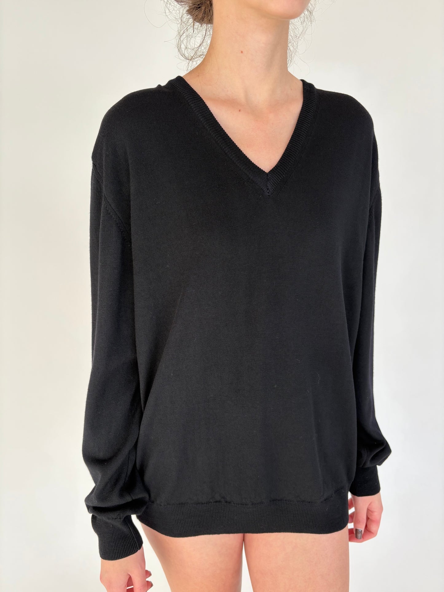 Pulover italian negru în anchior din lana merino extrafina de gramaj mare