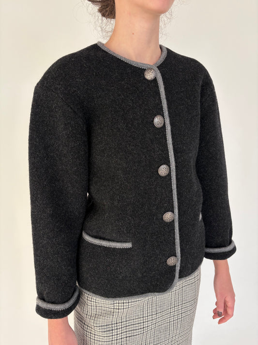 Jacheta vintage  petite din boiled wool gros cu nasturi metalici argintii