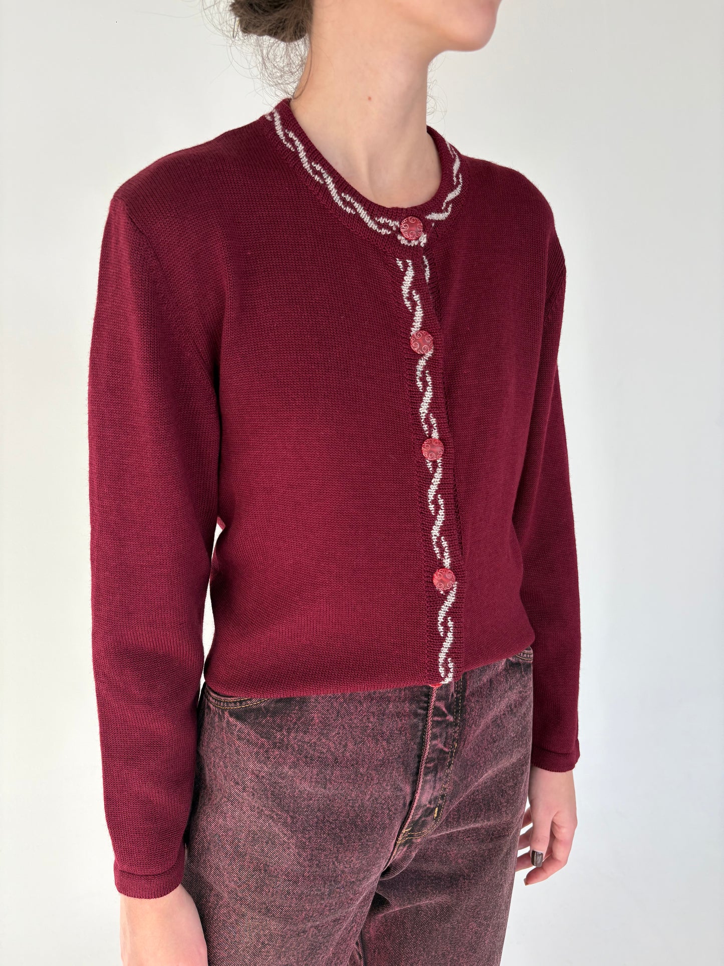 Cardigan vintage burgundy gros petite din lana merino extrafina