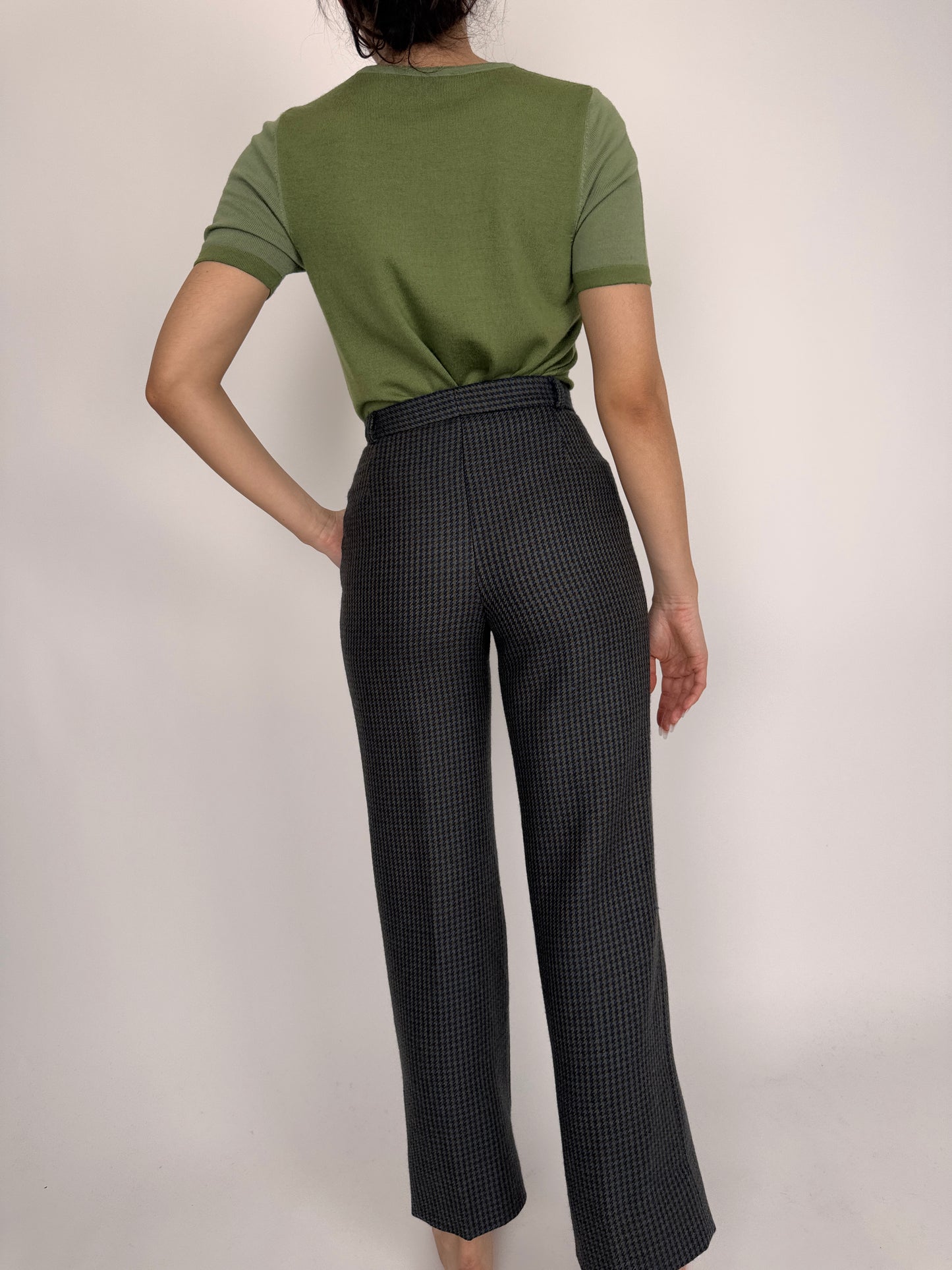 Pantaloni cu talie ultra înaltă din stofă plină de lana extrafina pied du coq
