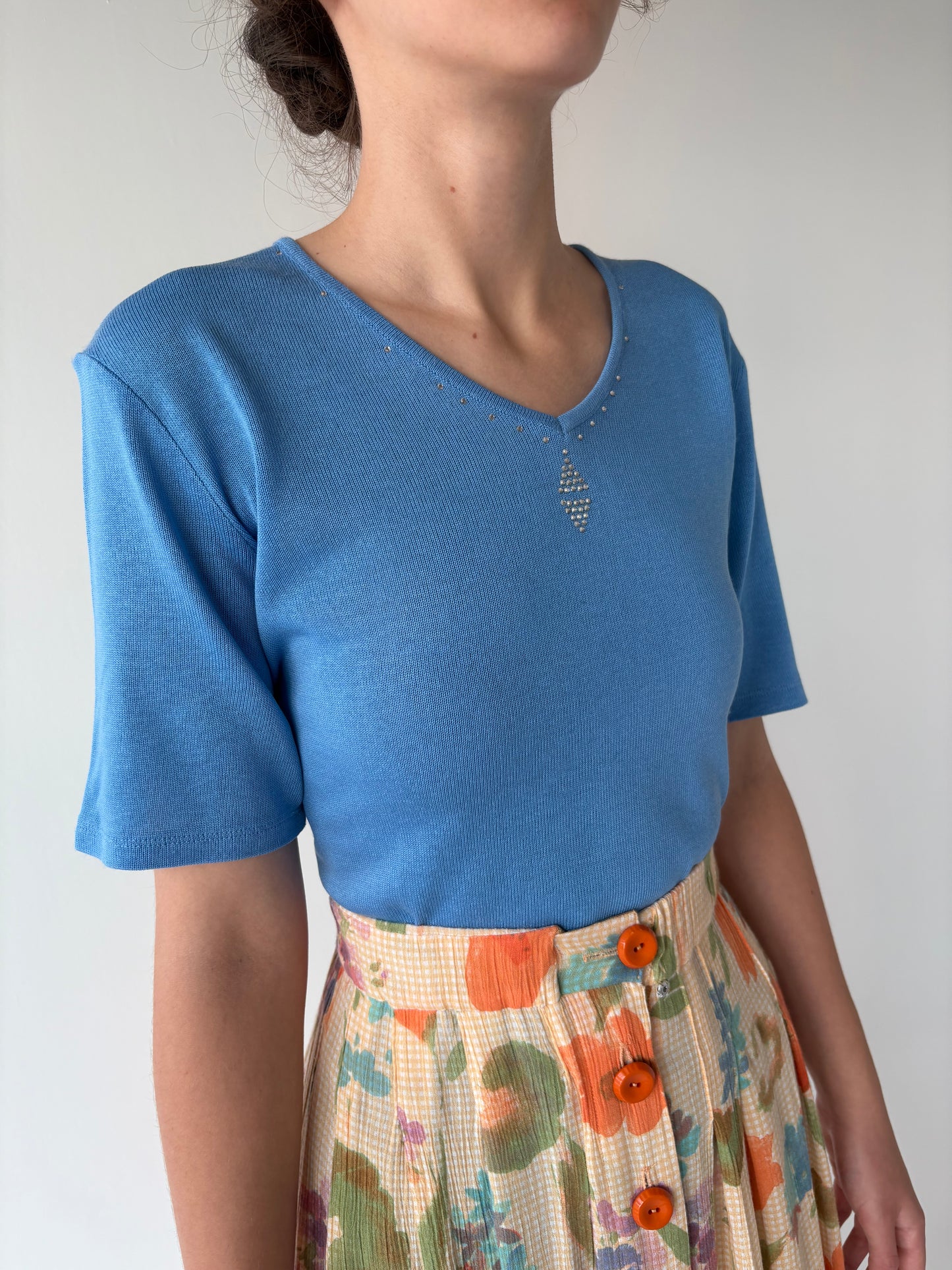 Top italian albastru ciel din jerse de vară