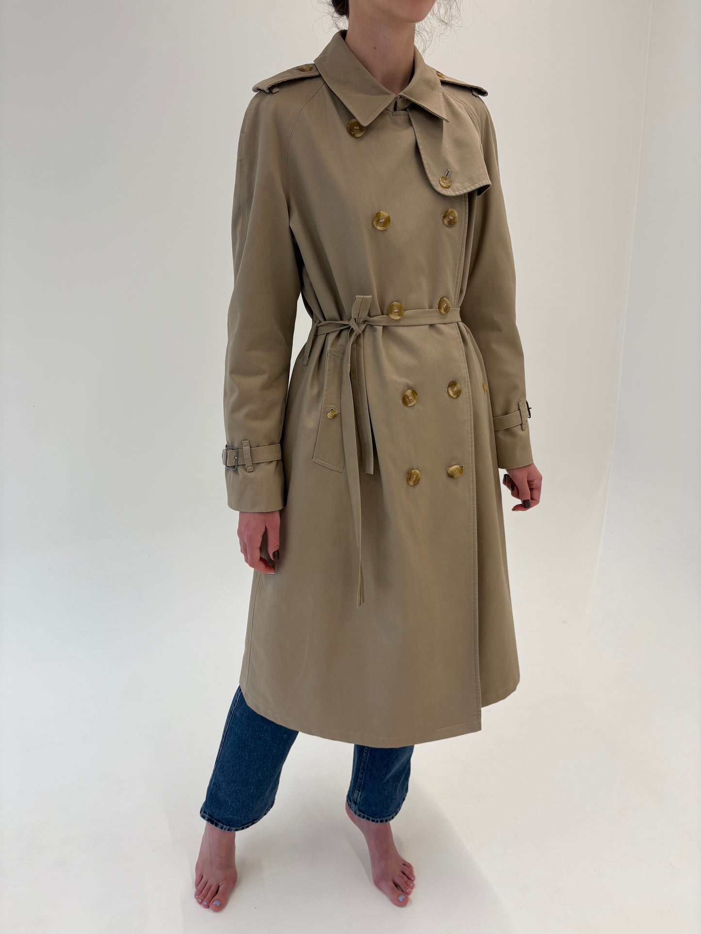 Trench vintage Burberry camel cu talie marcată reglabilă din gabardină