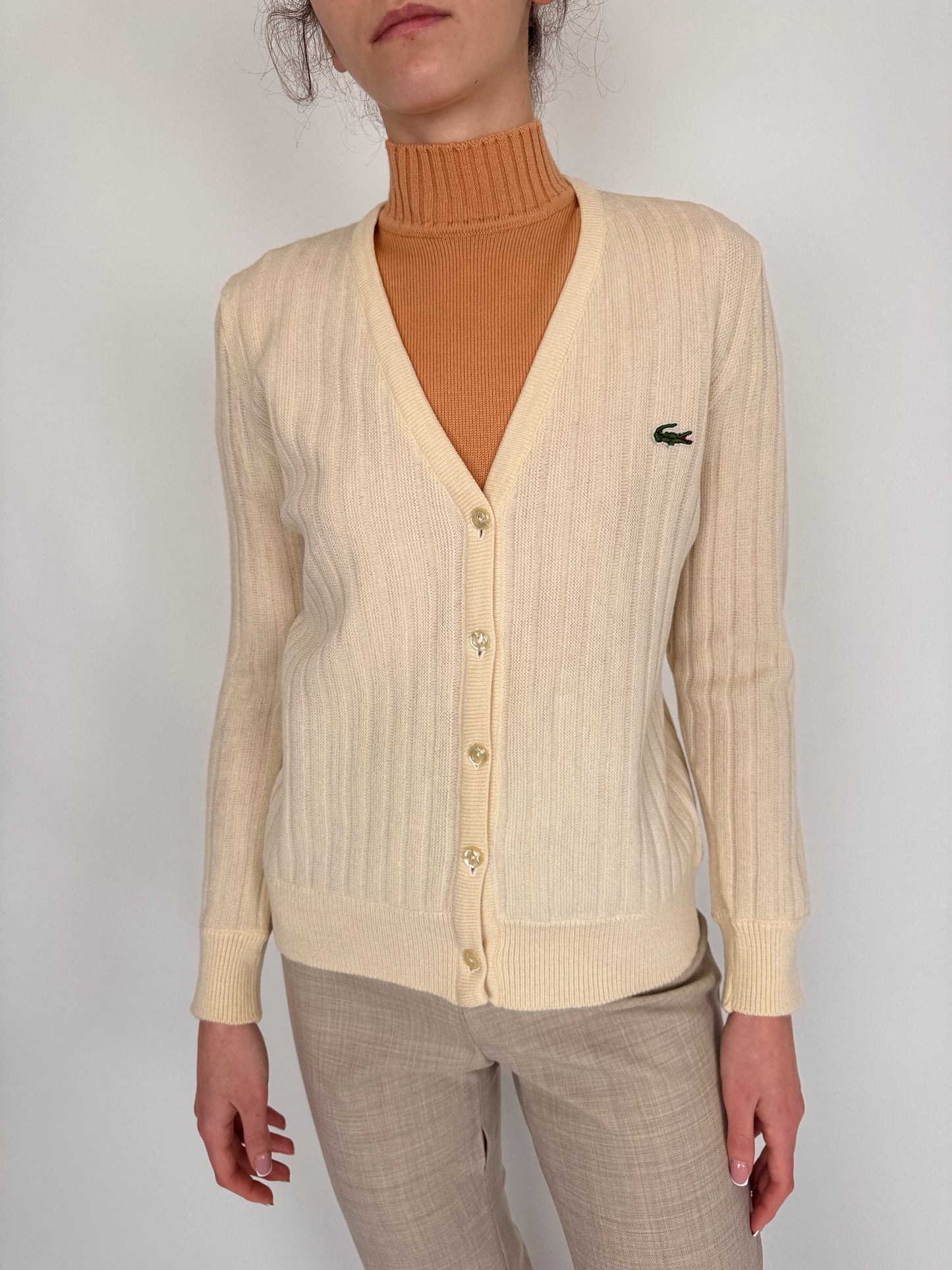 Cardigan vintage Lacoste din lana ribbed ivoire