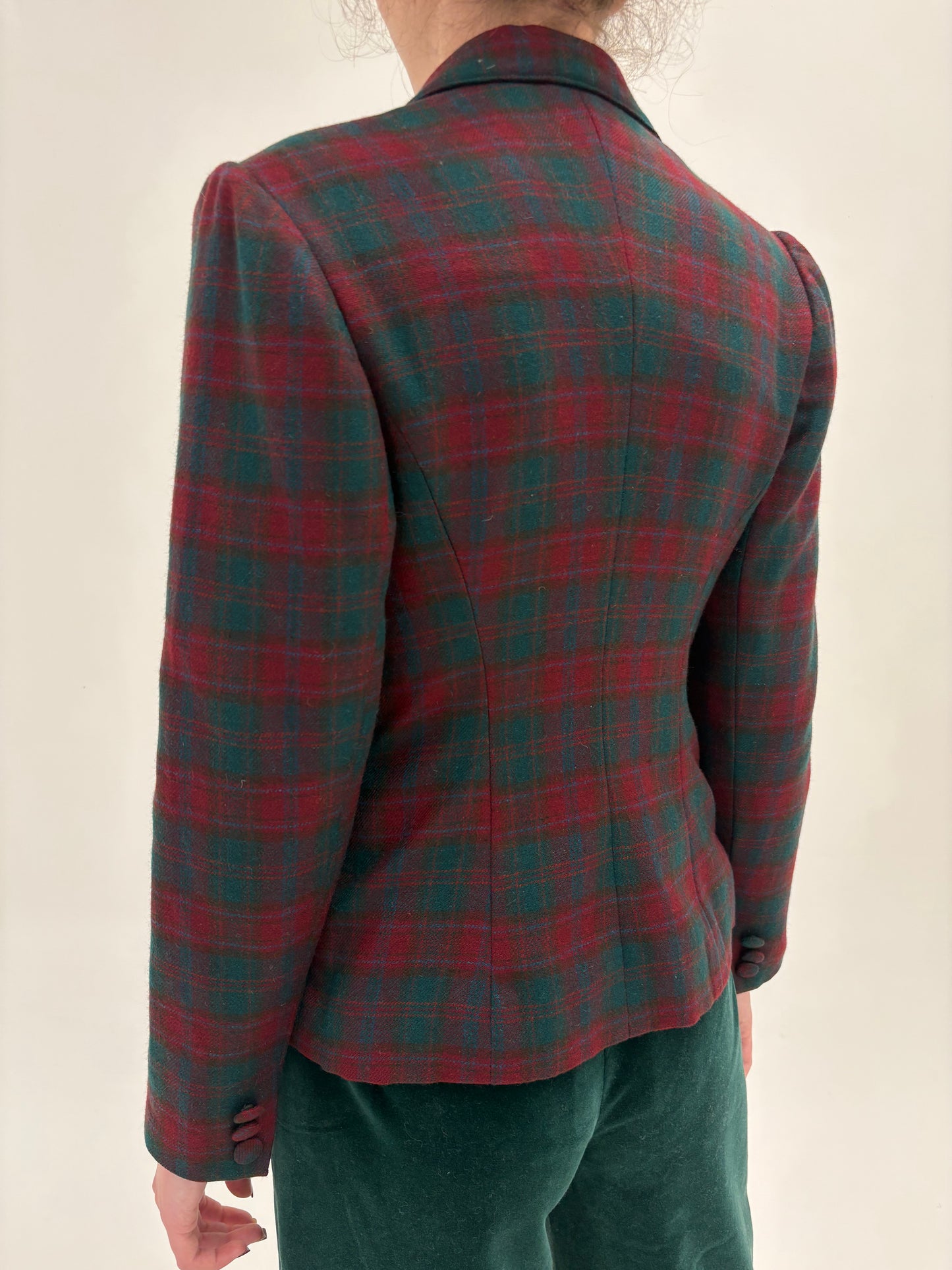 Sacou vintage cambrat din tweed burgundy cu forest green