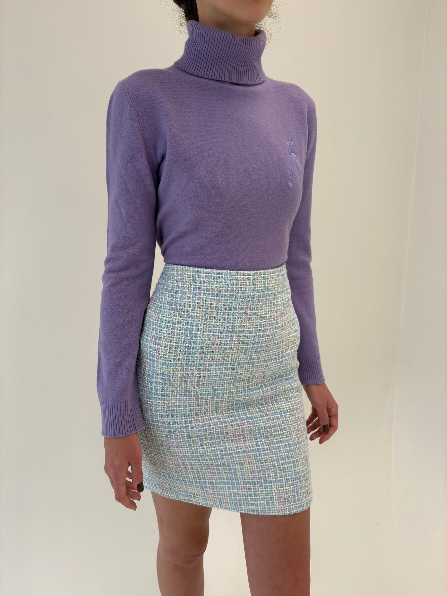 Deux piece baby blue în stil Chanel din tweed