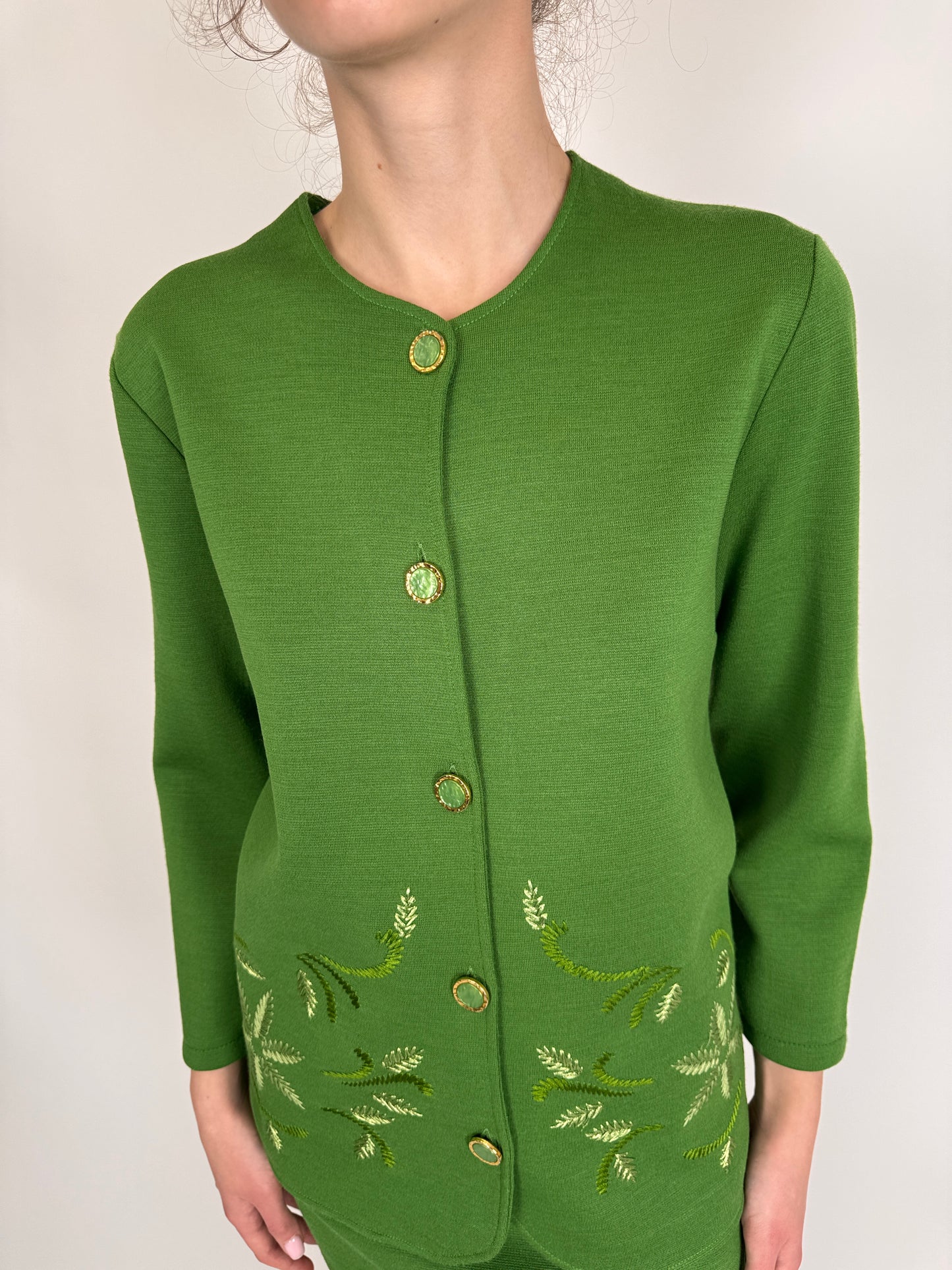 Set vintage kelly green din jerse cu broderie