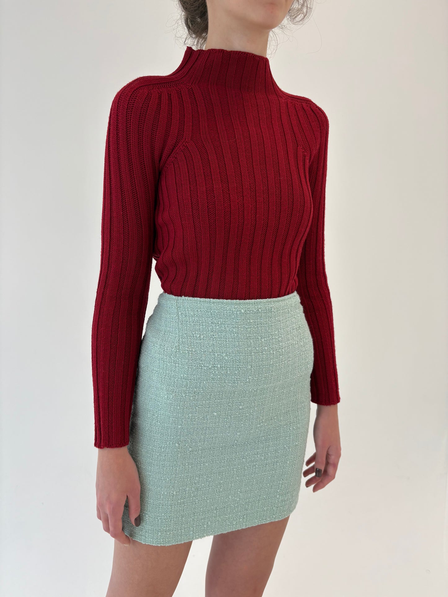 Fustă mint green in stil Chanel din tweed de lana extrafina