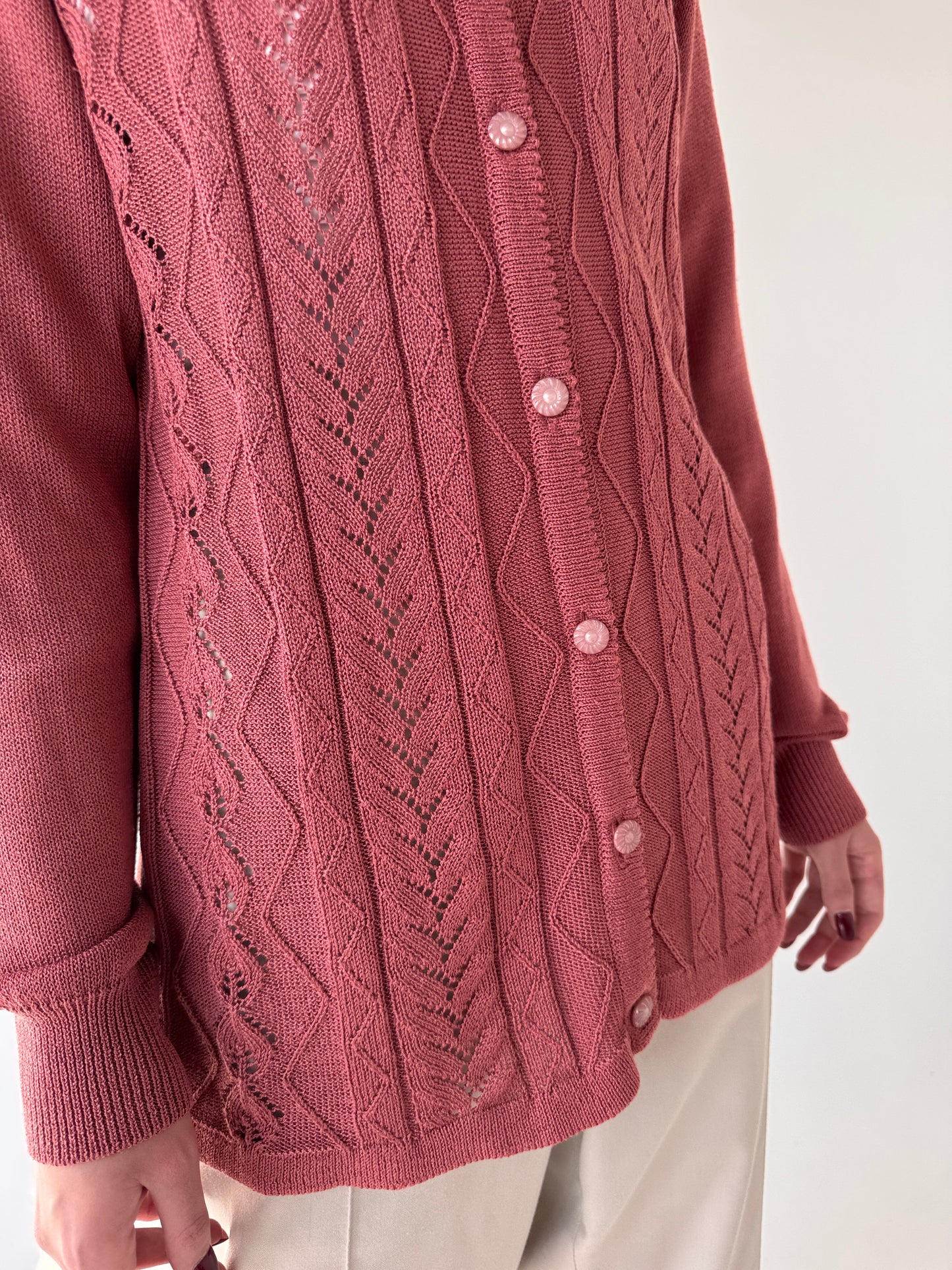 Cardigan vintage dantelat Old rose pink din jerse foarte ușor satinat
