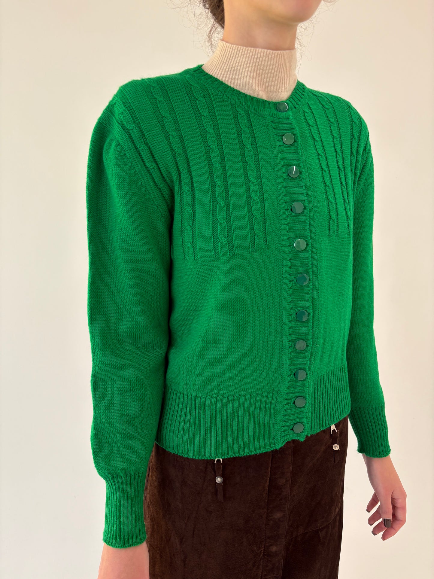 Cardigan vintage gros verde tare tip jachetă din lana fina plină