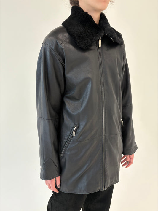 Geacă din piele naturală petite cu guler de blană naturală detașabil