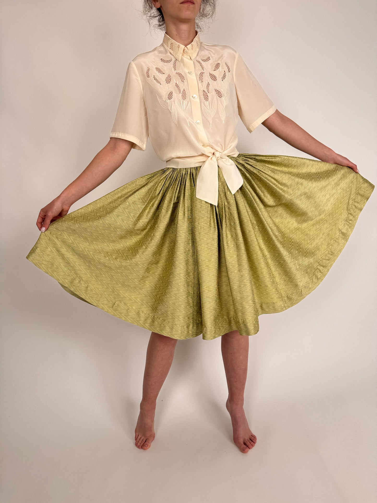 Fustă vintage seaweed green din brocart de mătase naturală