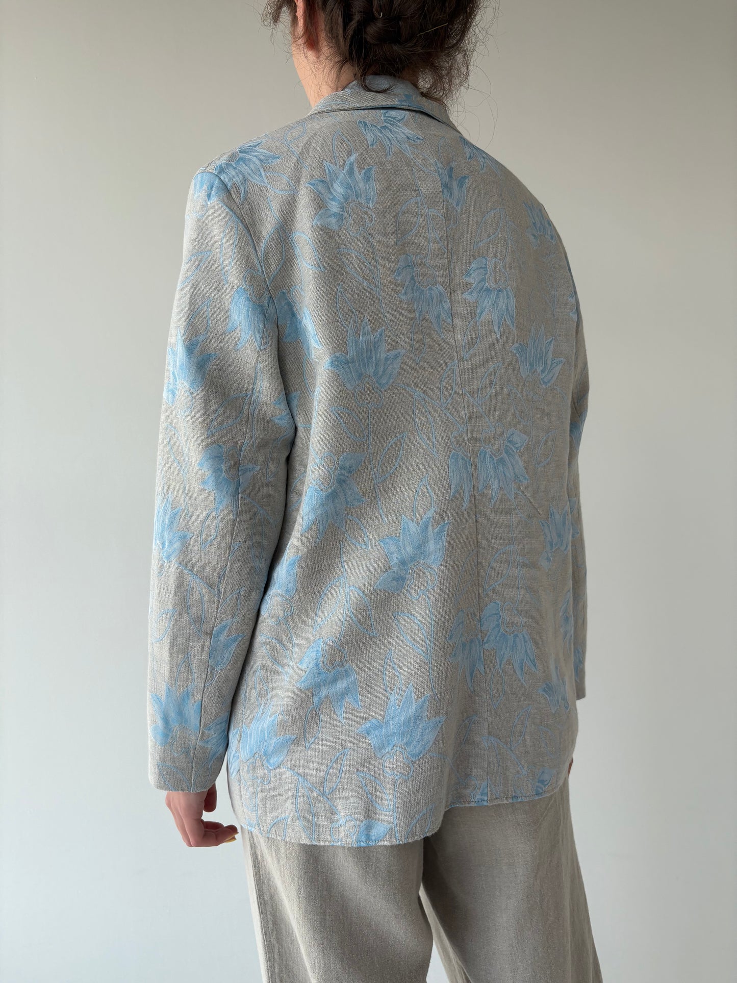 Sacou vintage din pânză excepțională de in cu print baby blue