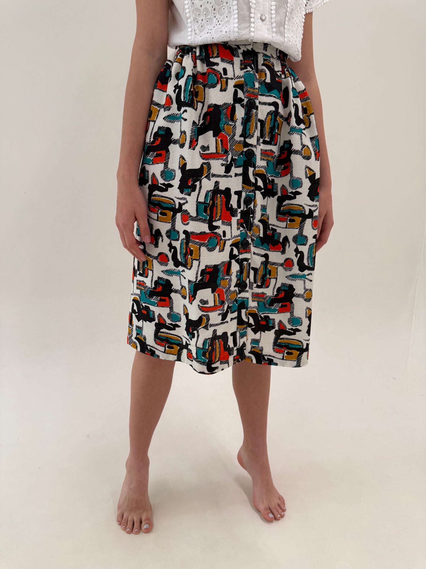 Fustă vintage din pânză cu talie ultra înaltă și buzunare cu print geometric