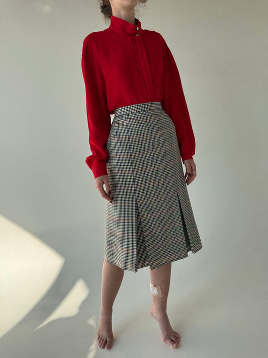Fustă vinatge în carouri din lana extrafina cu talie ultra înaltă marcată