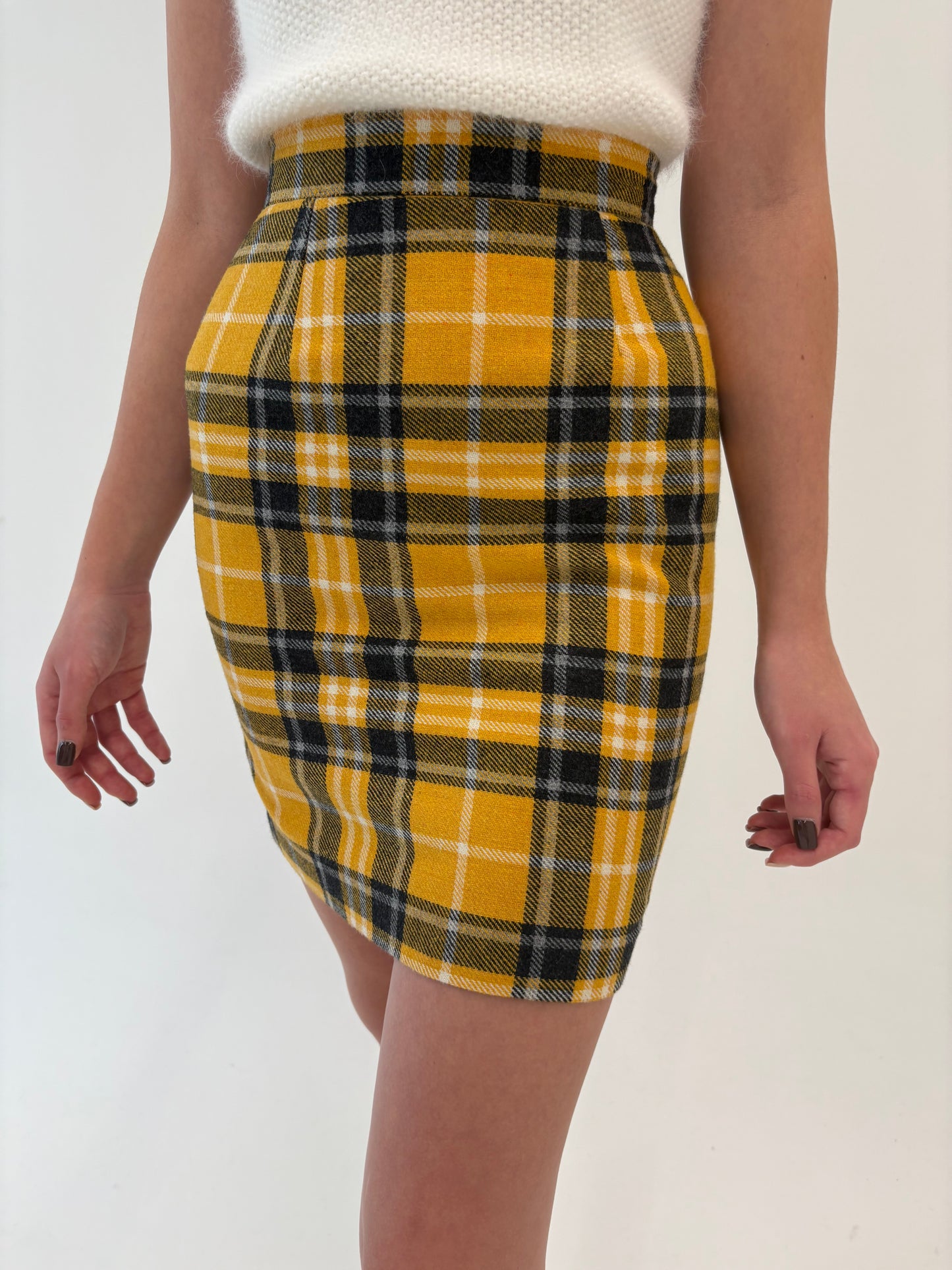 Fustă conică cu talie ultra înaltă marcată din Tartan de lana