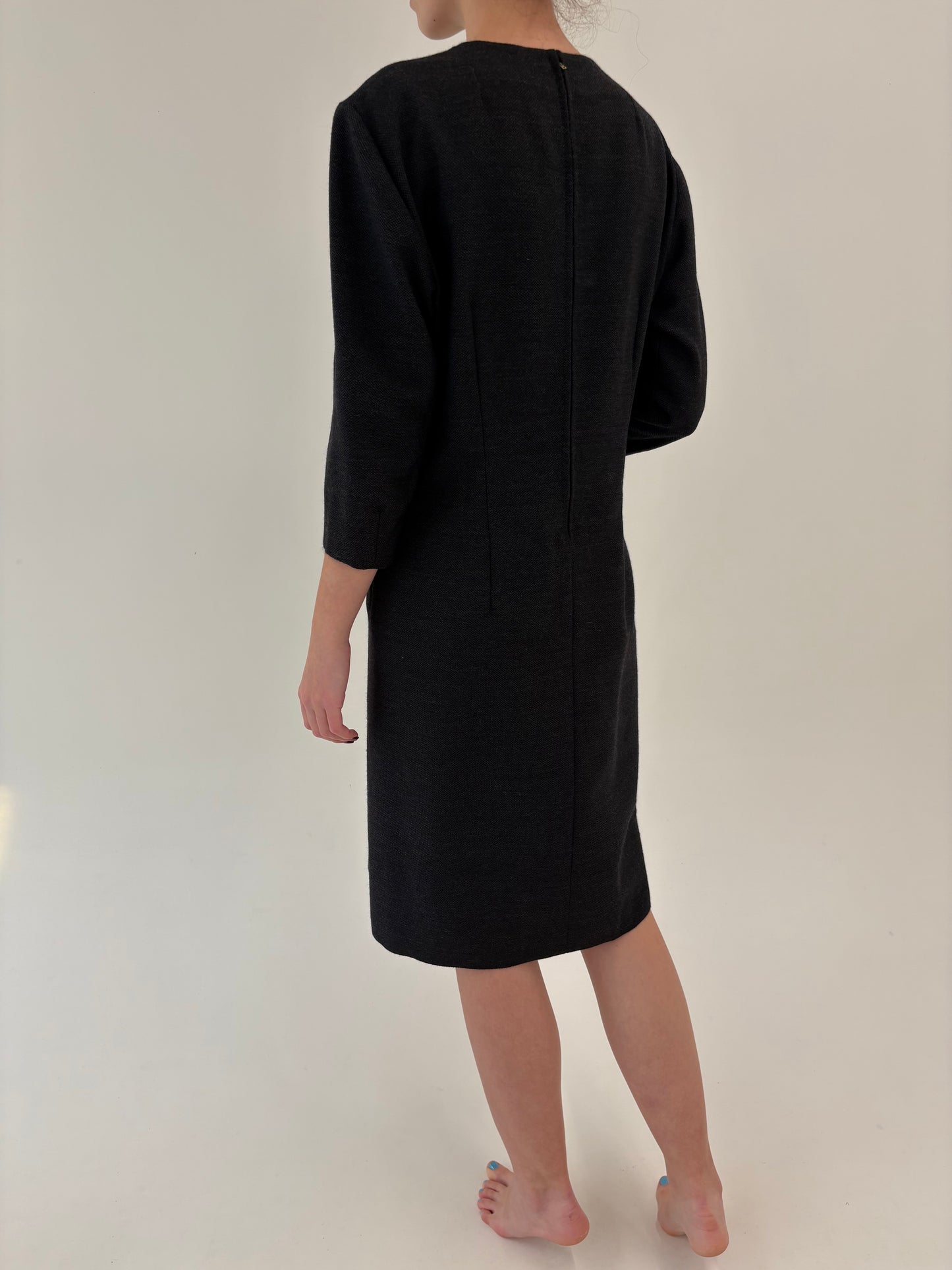 Rochie vintage superbă din stofă worsted de lana charcoal gray