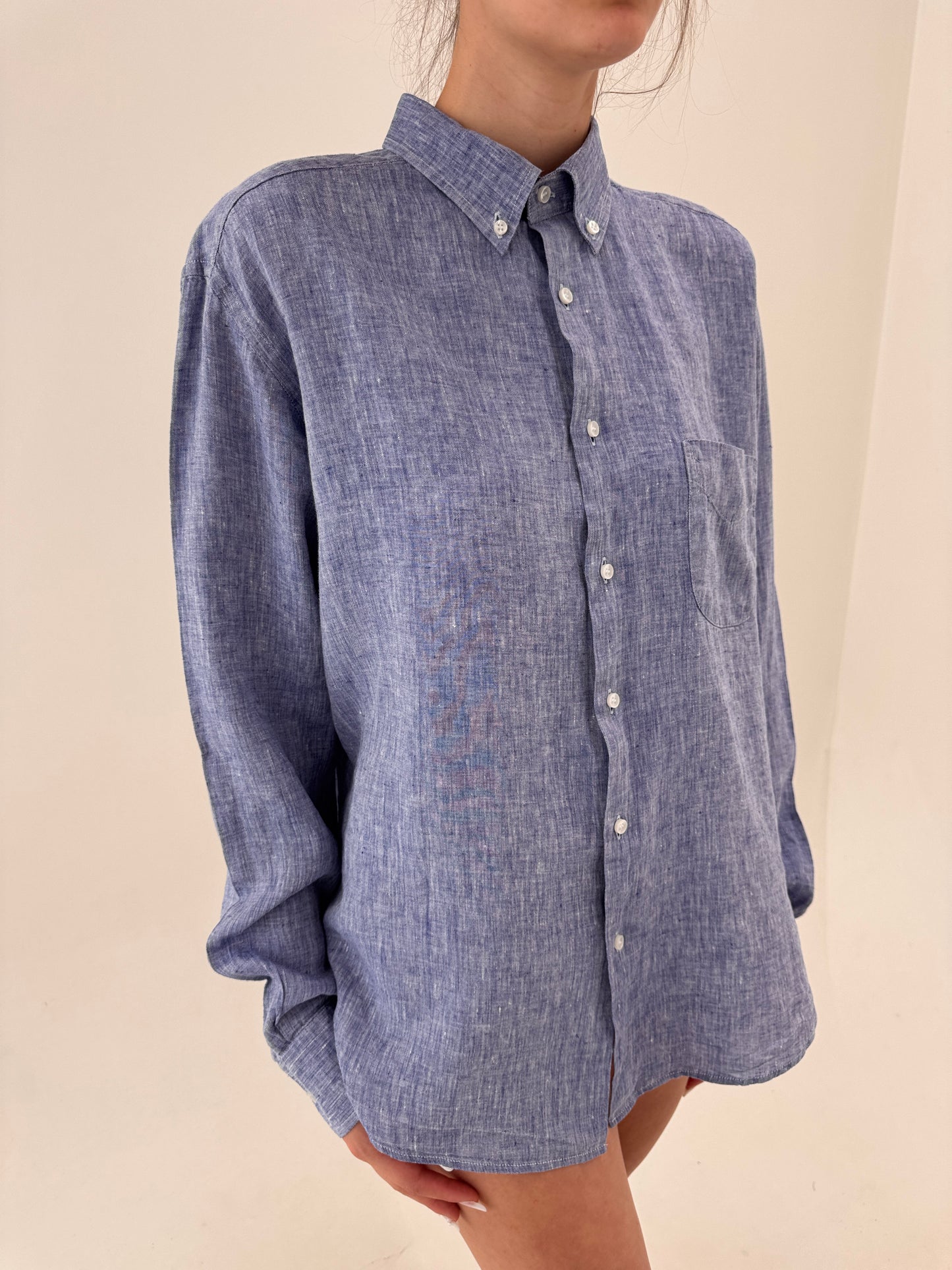 Cămașa light Jeans Blue din in italian excepțional în croi oversized