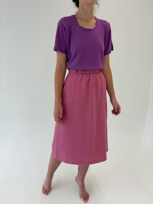 Fustă roz superb midi cu talie ultra înaltă din lana extrafina cu buzunare