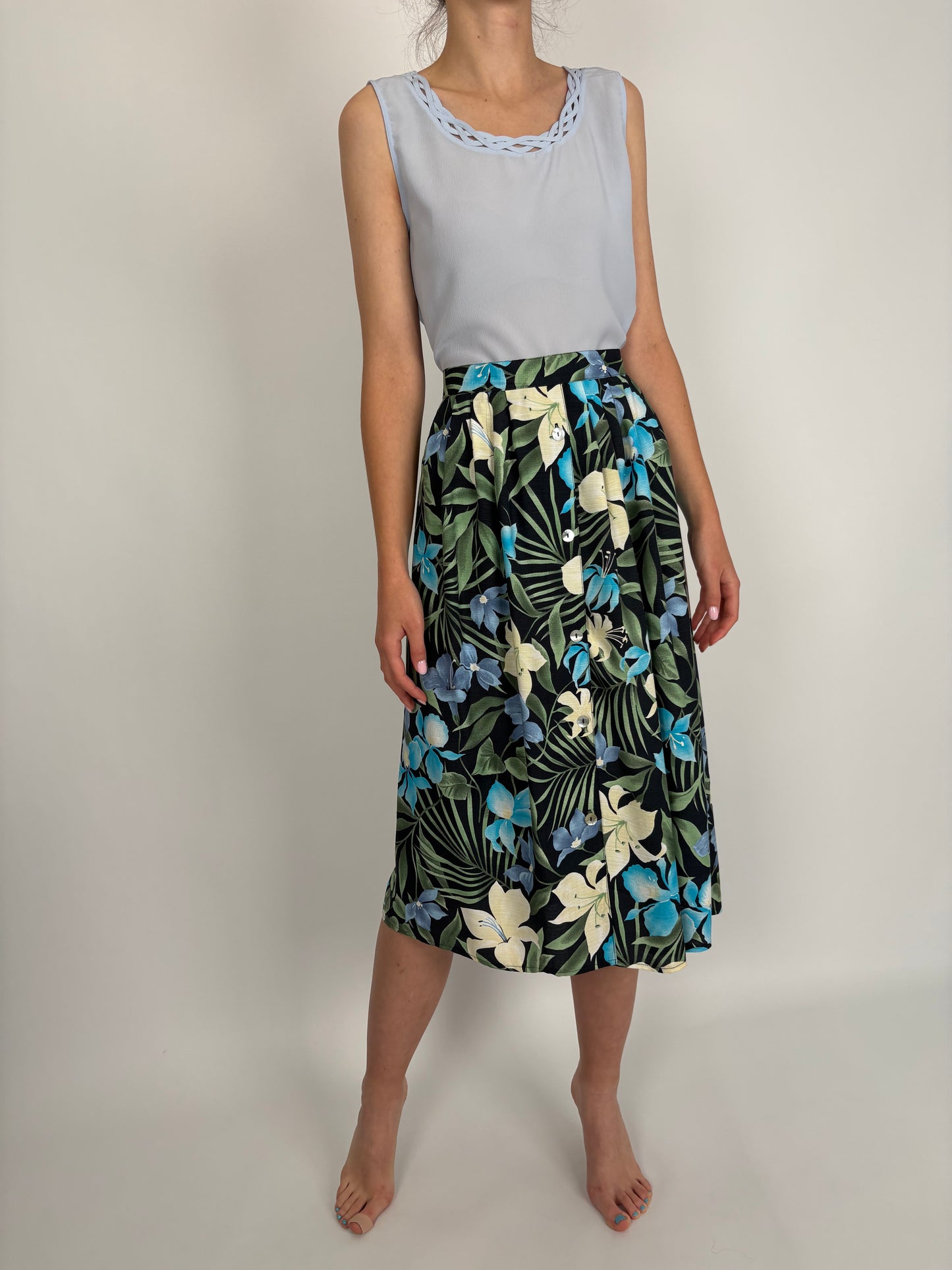 Fustă vintage vaporoasă plus size cu talie elastică și print organic