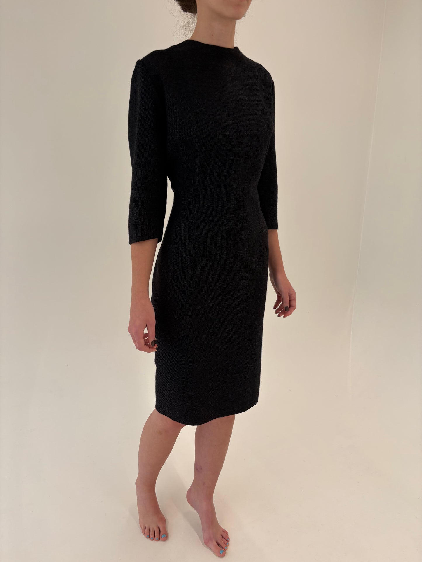 Rochie vintage superbă din stofă worsted de lana charcoal gray