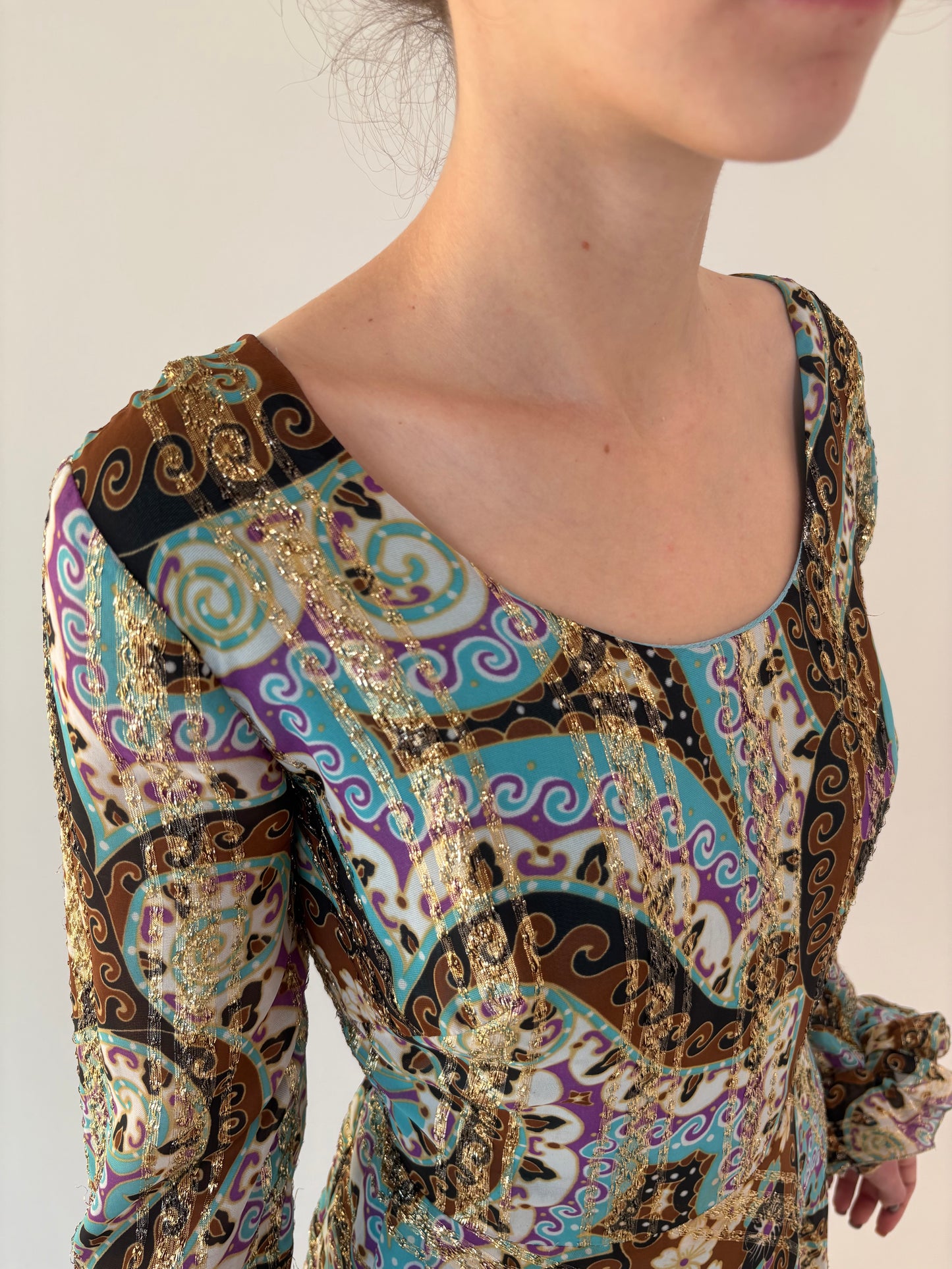 Rochie vintage maxi de seară cu print paisley și inserții fine aurii