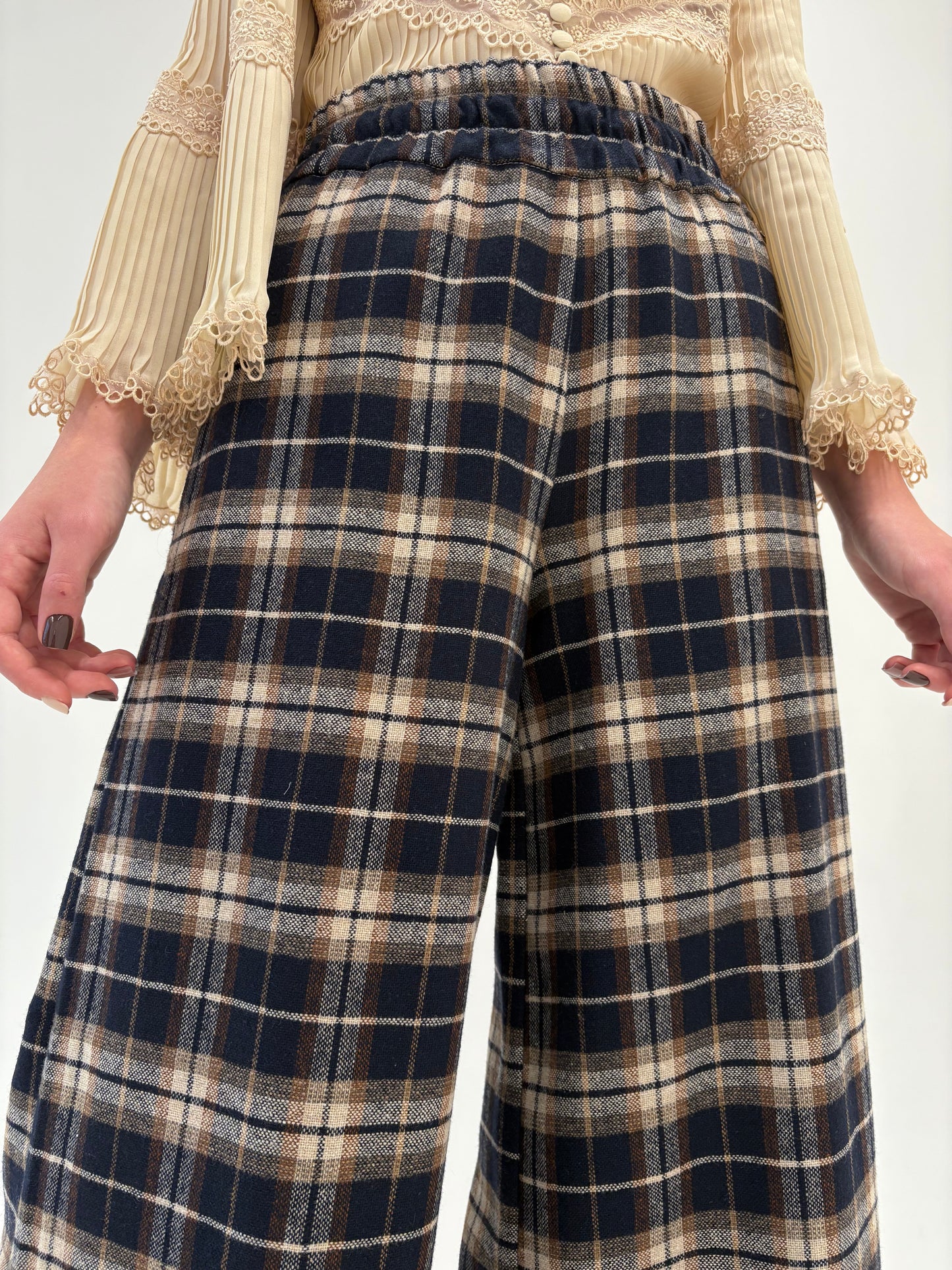 Pantaloni palazzo din Tartan de lana extrafina cu talie ultra înaltă elastică