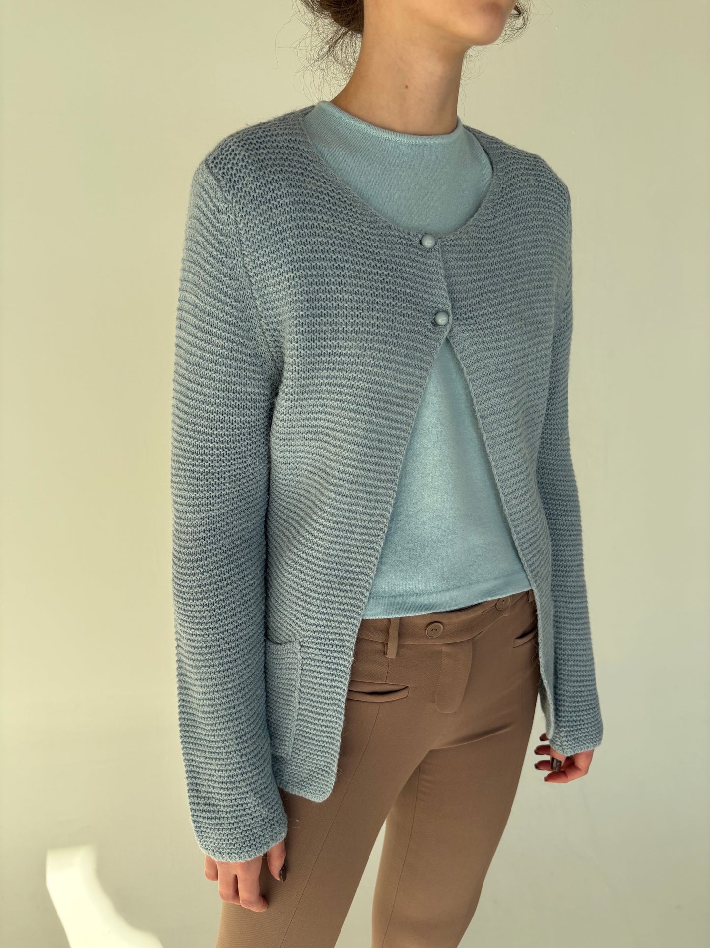 Cardigan italian tall baby blue din lana extrafina multiply de gramaj mare