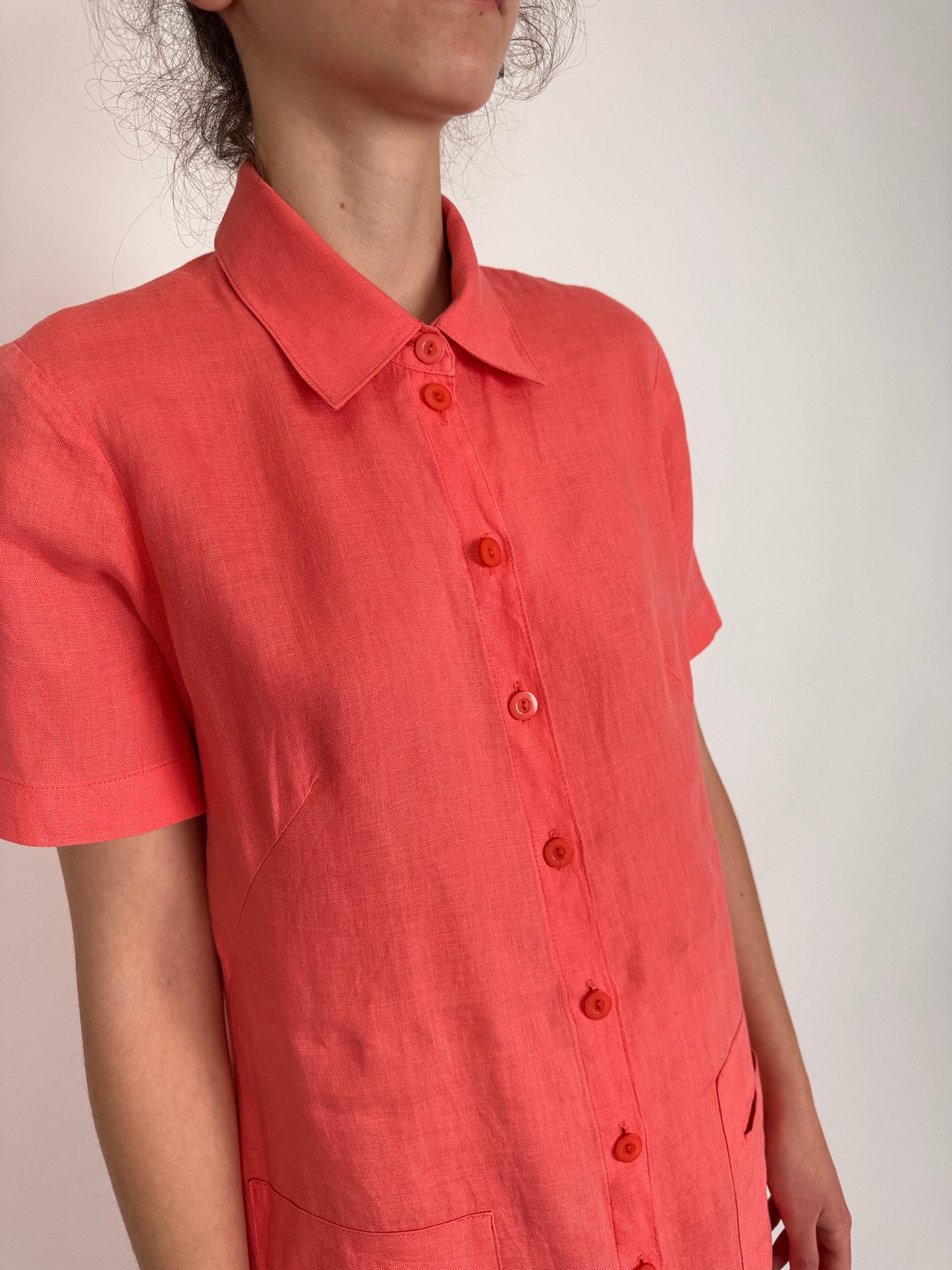 Rochie salmon pink tip cămașă din in extrafina și moale