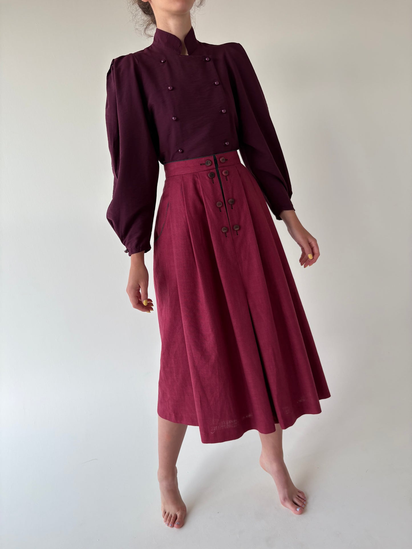 Fustă vintage burgundy din pânză cu talie ultra înaltă și buzunare