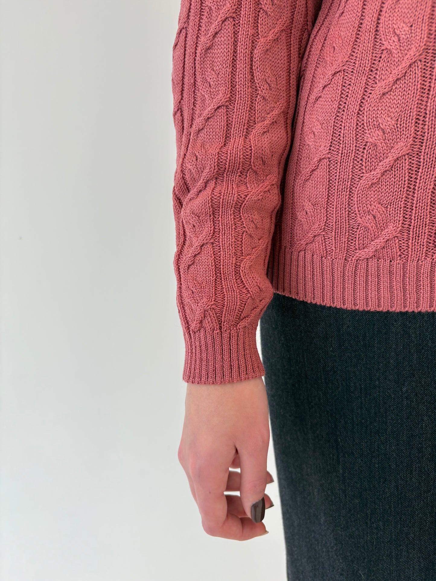 Cardigan vintage cu torsade dusty pink din lana plină extrafina